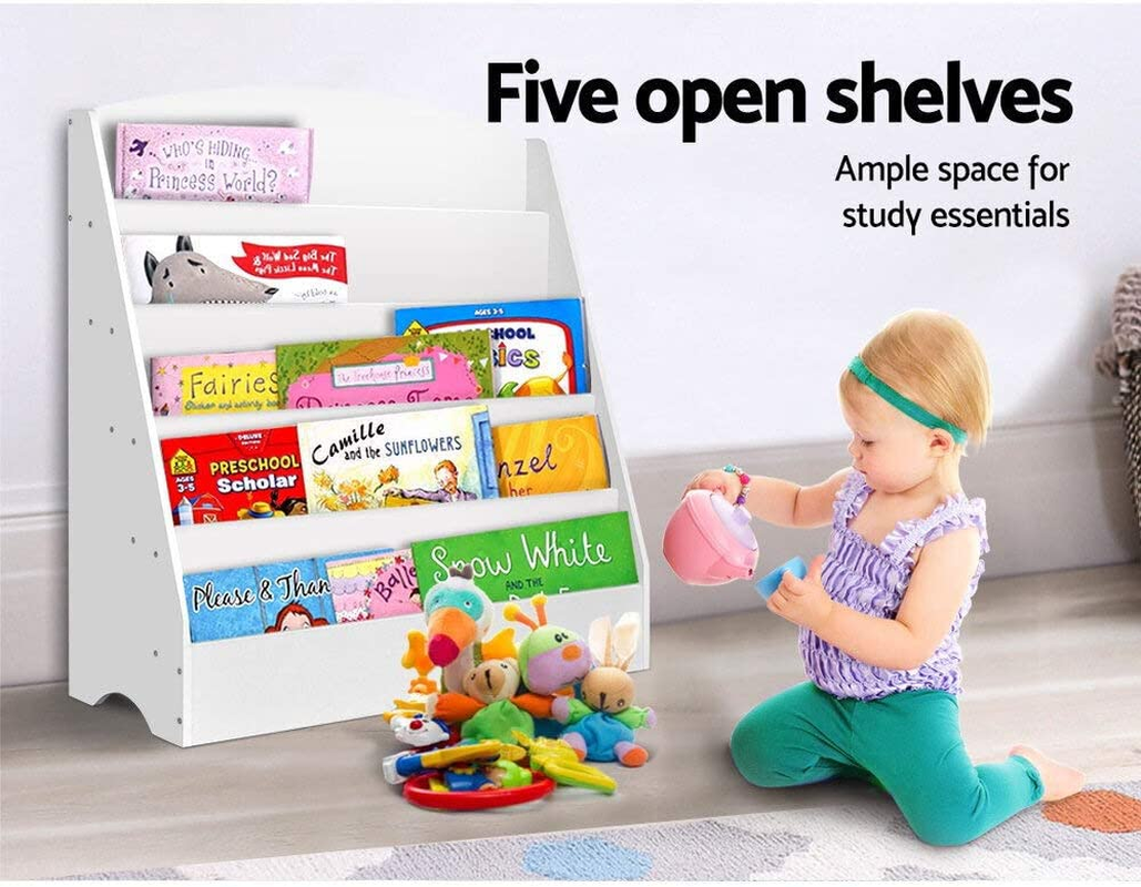 Keezi Kids Bookshelf, 5 Tiers Storage Book Shelf Bookshelves Corner Wall Toy Bookcase Rotating Display Shelves Home Living Room Bedroom Kindergarten Furniture, Rack White