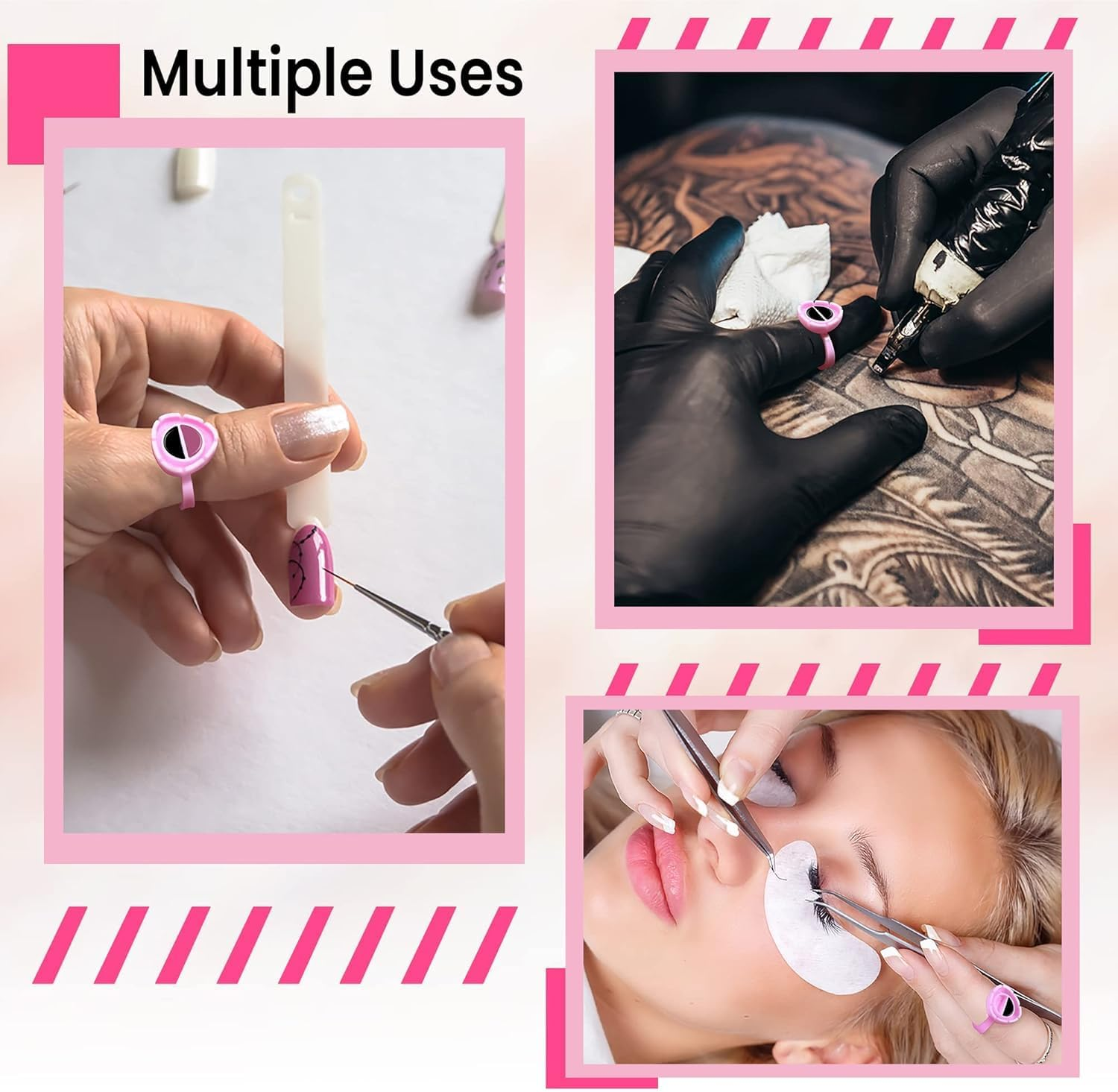 Pink Flower Shaped Plastic Lash Glue Rings, 100Pcs Lashes Lash Glues Holder Ring Glue Cup Rings, Pink Lash Extension Ring Holder Cup Glue Ring for Eyelash Extensions image number 2