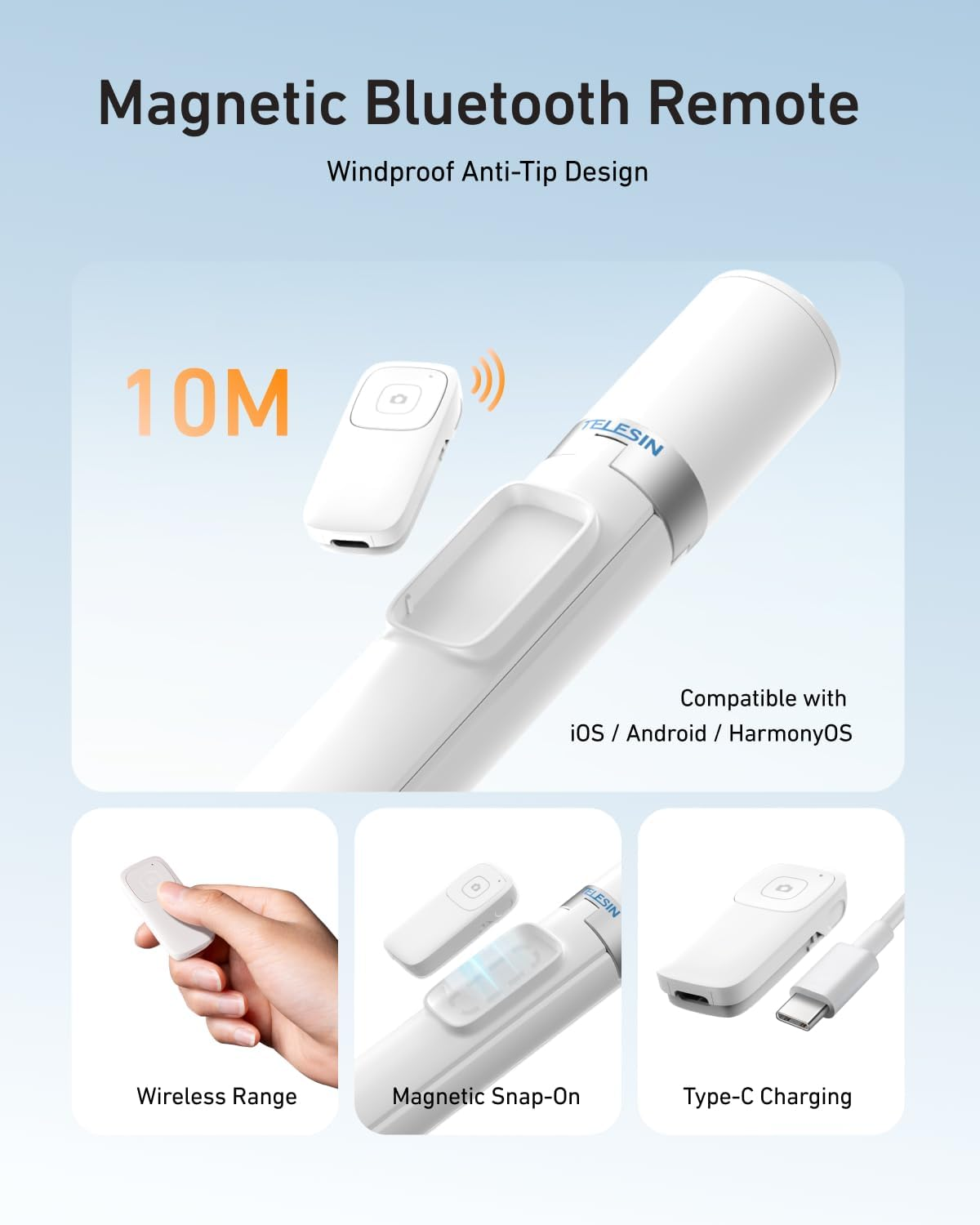 TELESIN 70" Phone Tripod Stand, Gravity-Activated Auto-Open Selfie Stick, Extendable Cell Phone Stand with Magnetic Bluetooth Remote, 360&deg; Adjustable Travel Phone Tripod for Iphone/Android image number 6