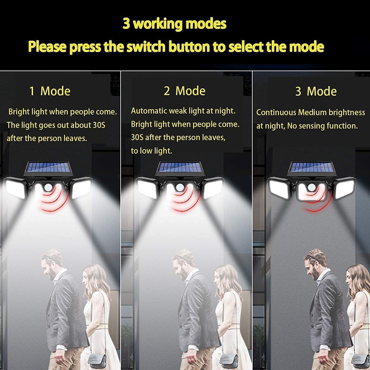 3 Pack Solar Outdoor Lights, 3000LM Super Bright Motion Sensor Security Flood Lights, IP65 Waterproof 6500K Wide Angle Solar Powered Lights for Yard, Garage, Patio, Garden image number 5