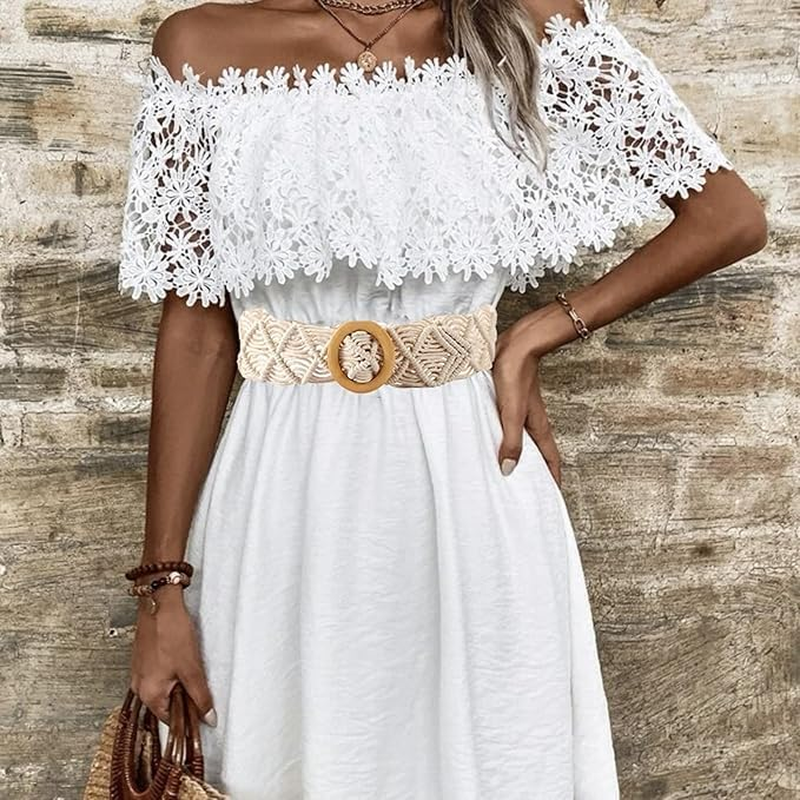 Belts Boho Woven Rattan Rope Braid Waist Belt with O-Ring Wooden Buckle Bohemian Style Skirt Fashion Skinny Macrame Waistband for Women Girls Braided Belt Dress Jeans