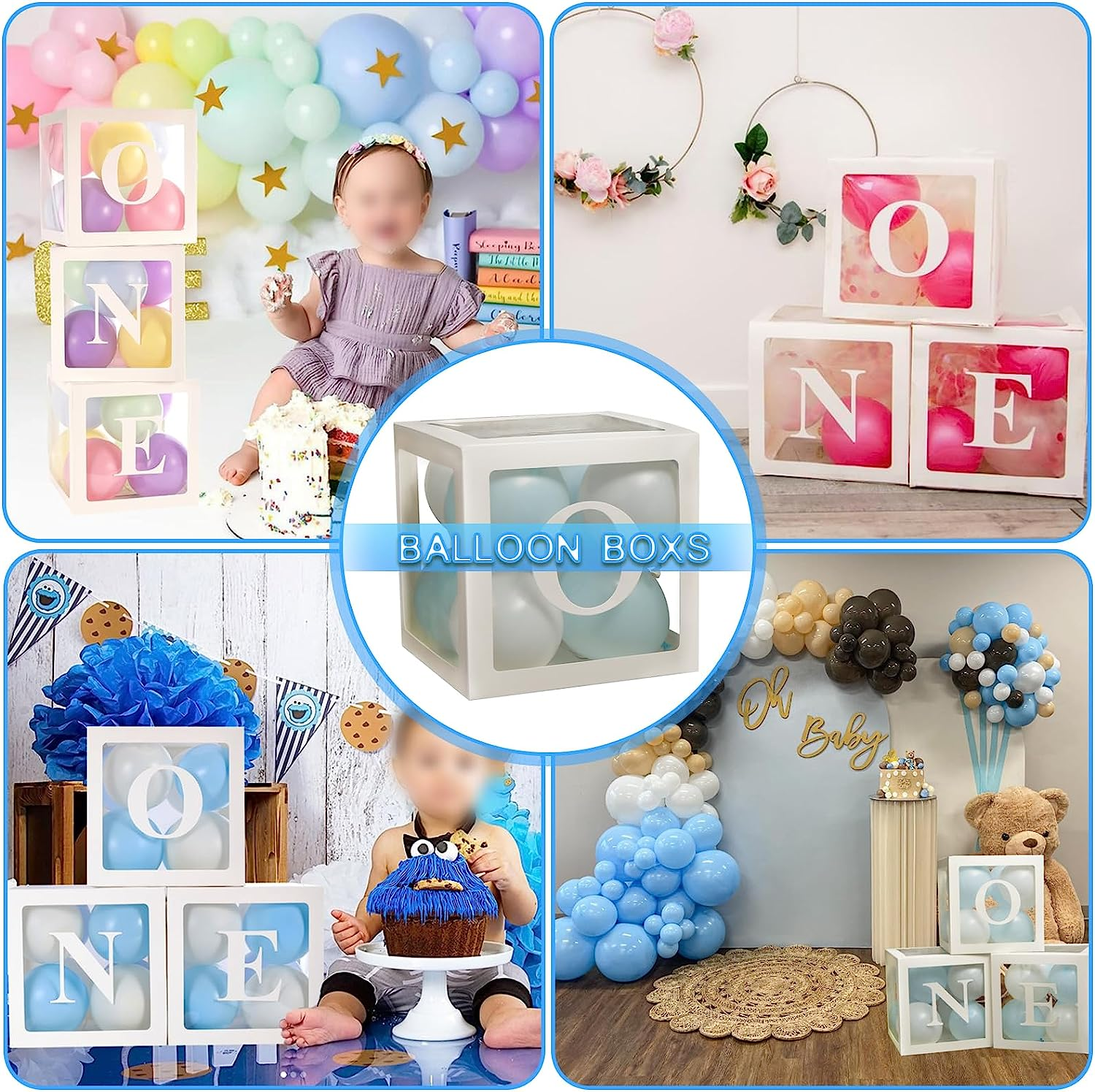 YALLOVE Baby Boxes for 1St Birthday, ONE Letters for Baby Shower Decoration, White Transparent Balloon Gift Box - Silver-One image number 6