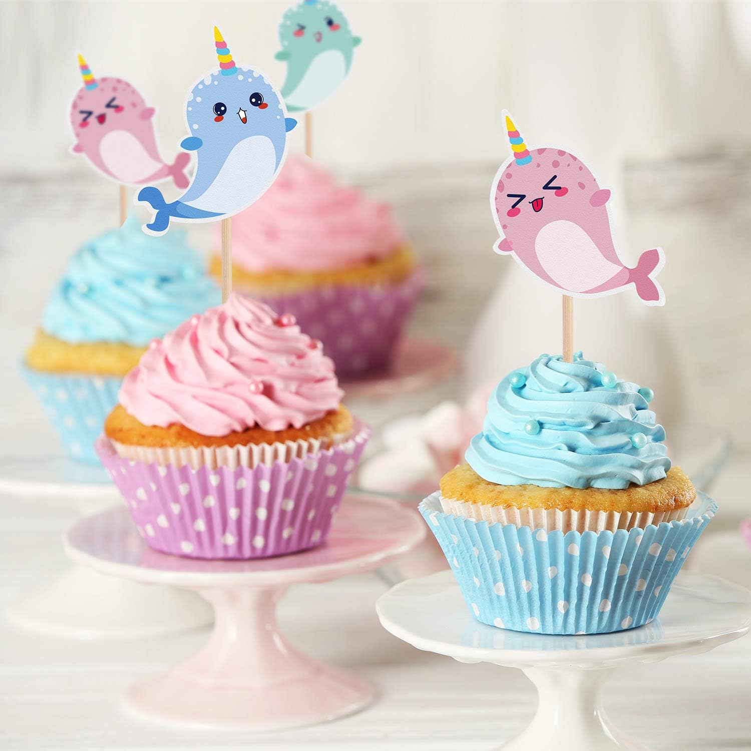 48 Pcs Narwhal Cake Toppers Narwhal Cupcake Toppers Ocean Birthday Party Decorations Supplies under the Sea Blue Ocean Themed Party Baby Shower Birthday Supplies image number 4