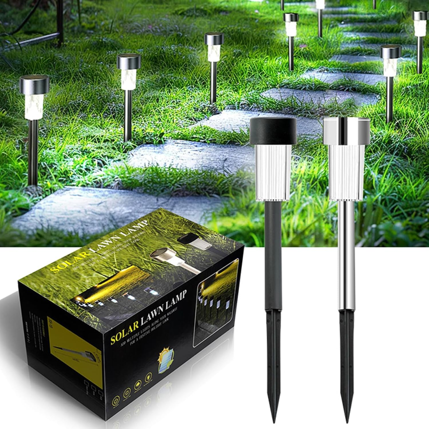 12Pcs Solar Outdoor Stainless Steel Lawn Lights, Waterproof Solar Garden Decorative Lights, Stainless Steel LED Landscape Path Lights Solar Powered, Courtyard, Walkway Backyard Driveway Lawn LED image number 4