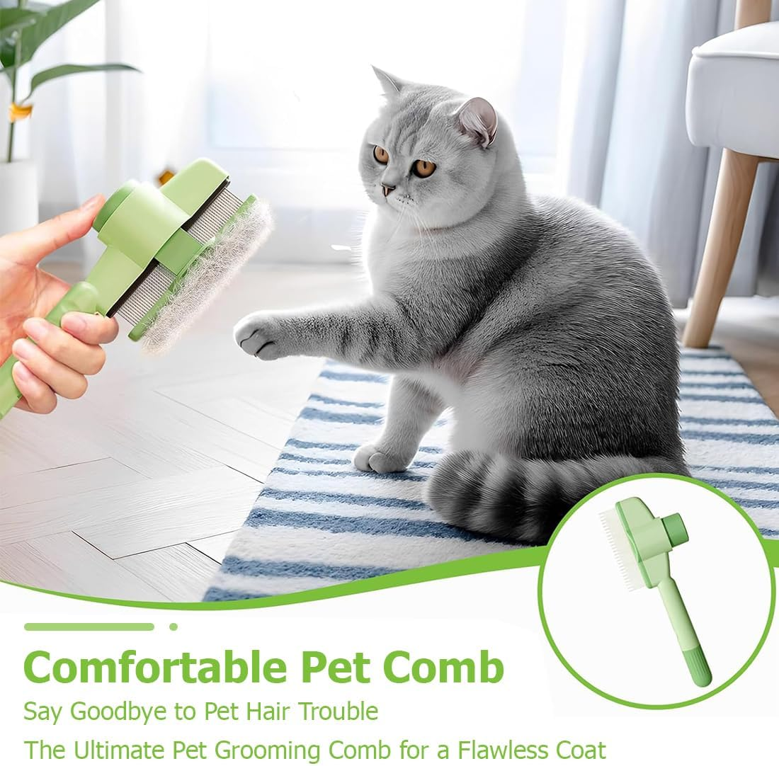 KIRZAX Self Cleaning Cat Brush (With Release Button & Flea Comb) + 1 Pair Dog Grooming Gloves - Cat Dog Horse Grooming Kit Suitable for Long/Short Hair image number 2