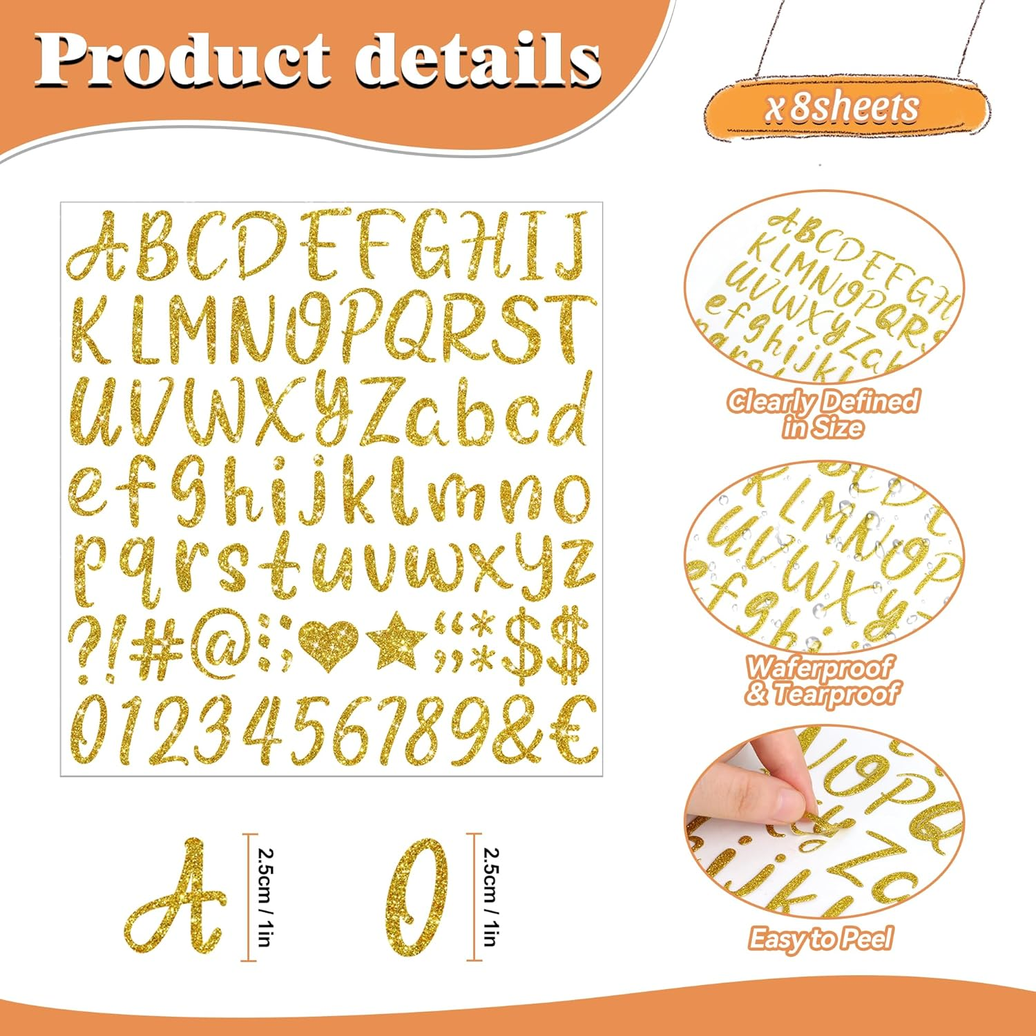 648Pcs Letter Stickers 8 Sheets Alphabet Stickers, 1 Inch Vinyl, Glitter, Self-Adhesive, Waterproof ABC, Number, Graduation Cap, Water Bottles, Scrapbook Crafts (8, Gold)