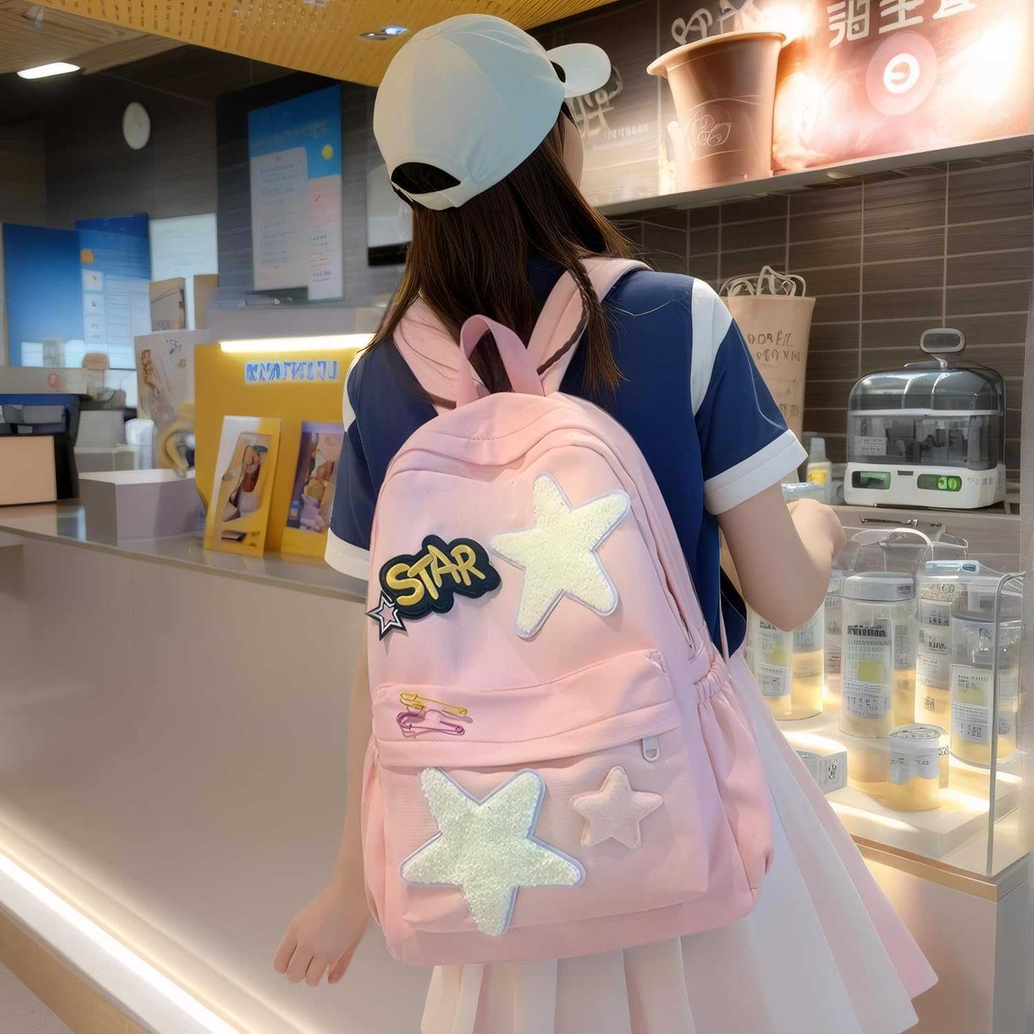 Lifelix Y2K Backpack Preppy Trendy Stars Aesthetic Bookbag Cute College Laptop Bag Casual Rave Daypack - Blue image number 5