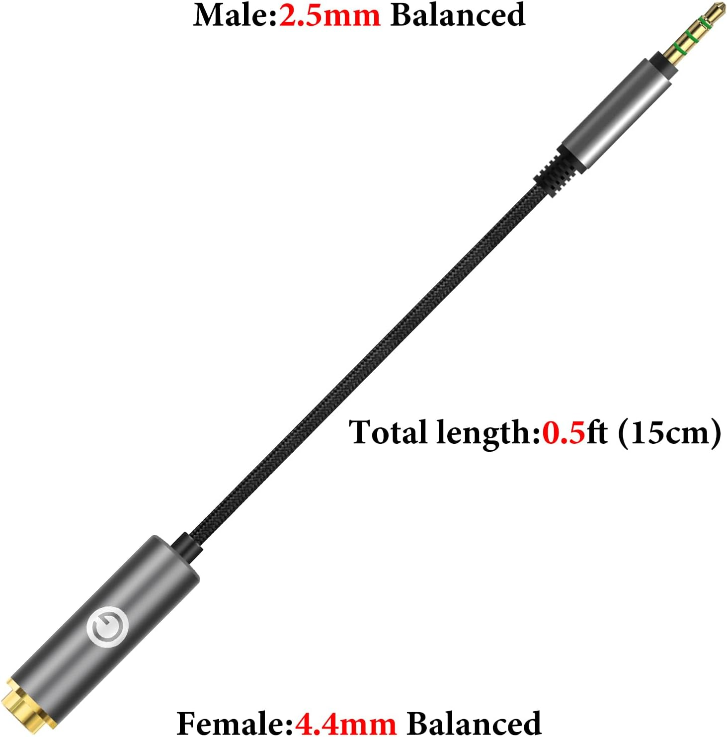 Geekria 2.5MM Balanced Male to 4.4MM Balanced Female Conversion Cable/5-Pin Converter Audio Cable, Headphones Plug Adapter, Aluminum Alloy Audio Plug, PP Yarn Braided Upgrade Cable (0.45Ft)
