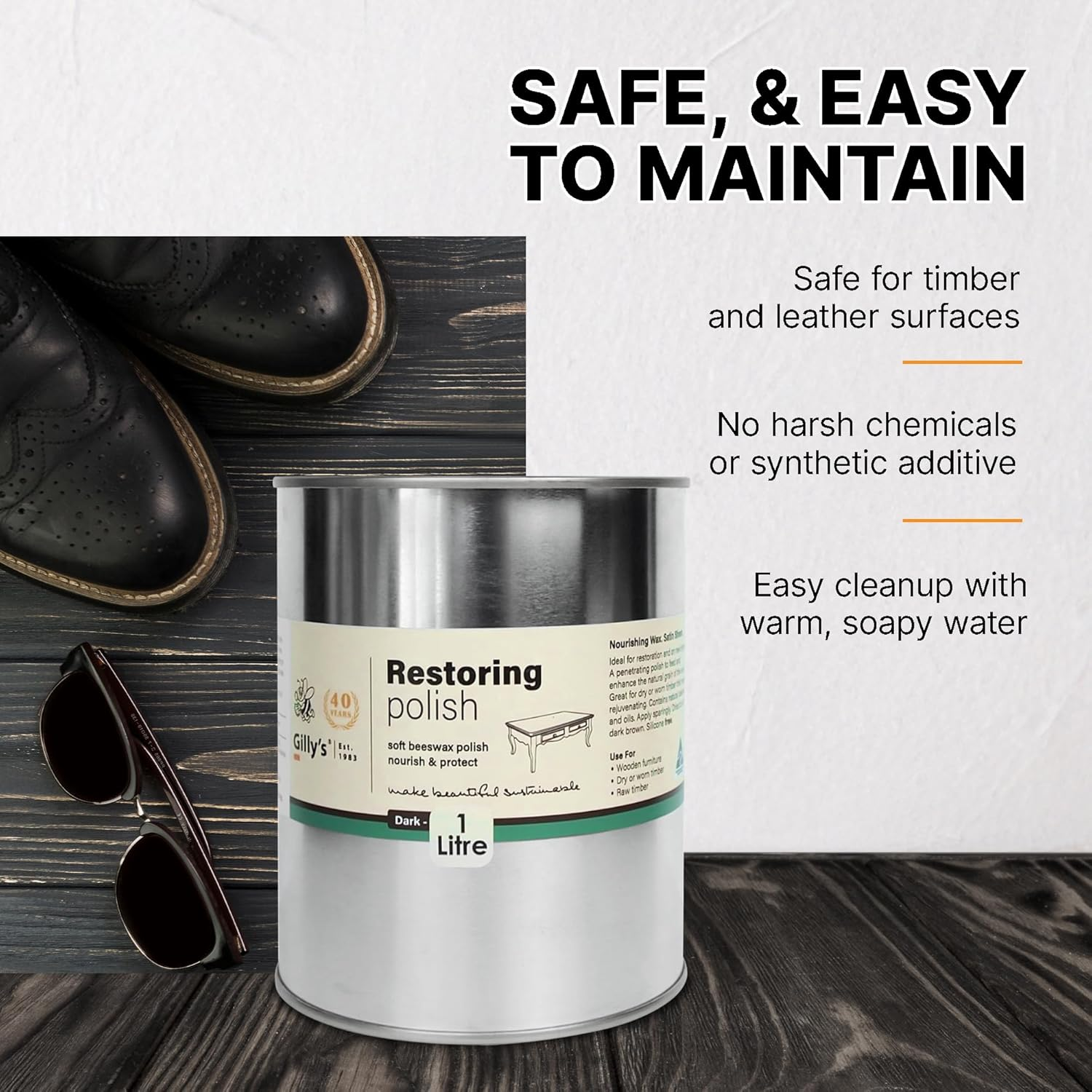 Gilly'S Restoring Polish Dark 1 Litre - Beeswax Wood Polish & Leather Conditioner | Starter Wax for New or Stripped Timber | Enhances Grain, Feeds Timber and Adds Sheen image number 6