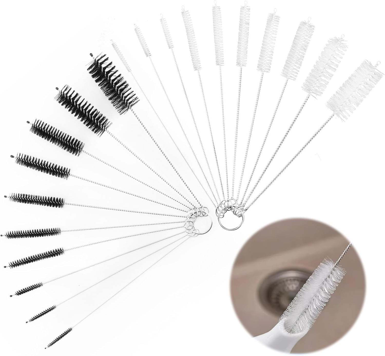2 Pcs Small Pipe Cleaning Brushes - Black and White Premium Reusable Eco-Friendly Straw Cleaning Set, Ten Different Sizes of Brushes Suitable for Narrow Bottles, Glass Tubes and Hard-To-Reach Places image number 1