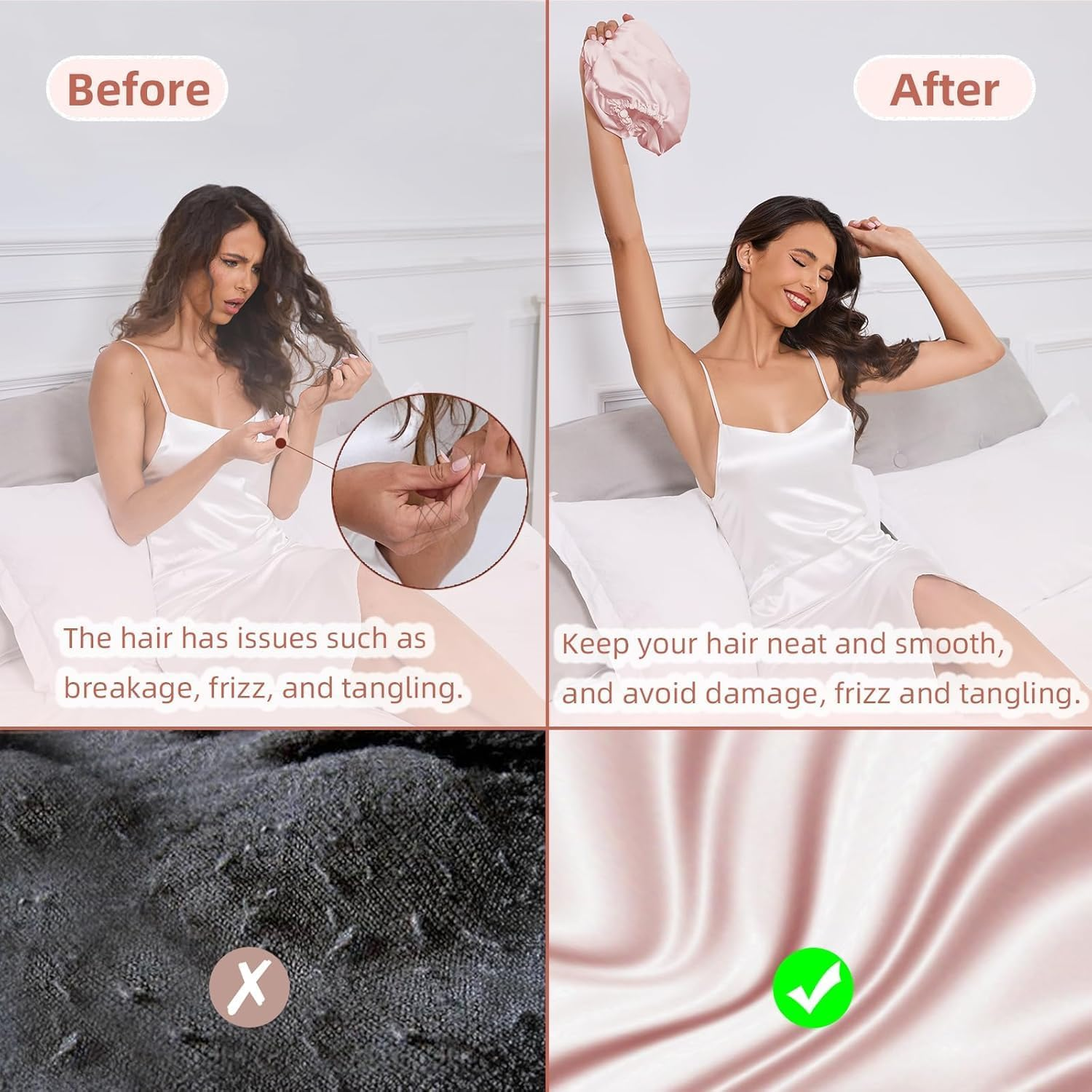 22 Momme 100% Mulberry Silk Bonnet-2Pcs for Sleeping & Women Hair Care, Highest Grade 6A Silk Imitation Hair Wrap for Sleeping with Premium Elastic Stay on Head (Pink) - 2, 2 Black image number 4