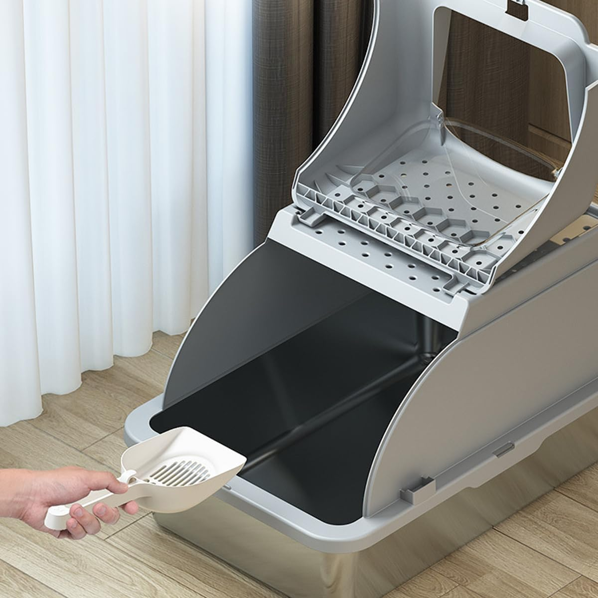 AIMALL Stainless Steel Cat Litter Basin with Flip Cover, Anti-Splash, Anti-Stick Bottom, Elevated Cat Toilet, Easy to Install and Disassemble image number 6