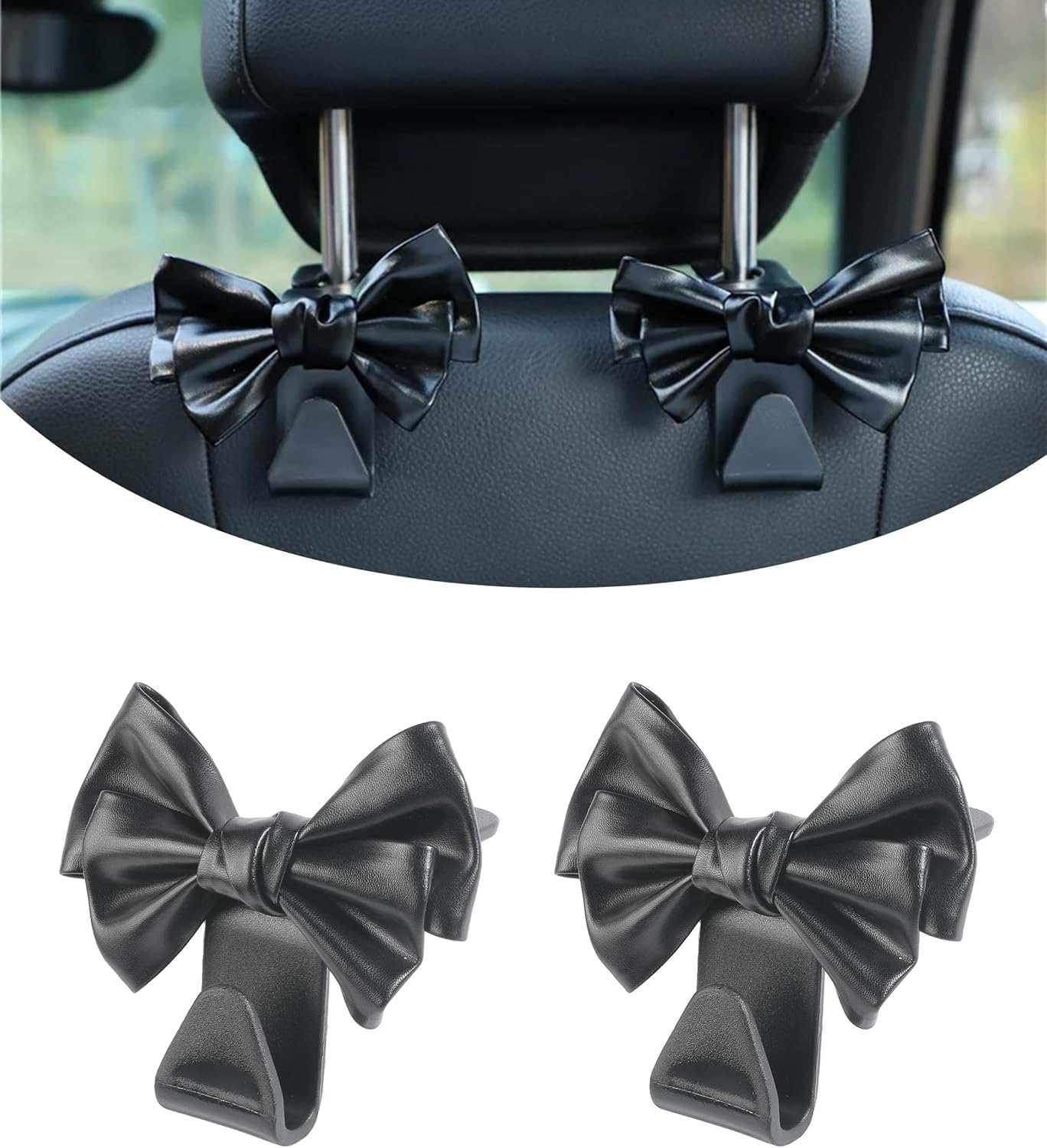 Car Seat Bow Hooks with Bowknot Design, 2Pcs Bowknot Bag Hanger for Vehicle Seats,Bow-Knot Vehicle Seat Bag Hanger,Cute Bow-Knot Purse and Bag Holder Hangers for Car Seat, Black image number 6