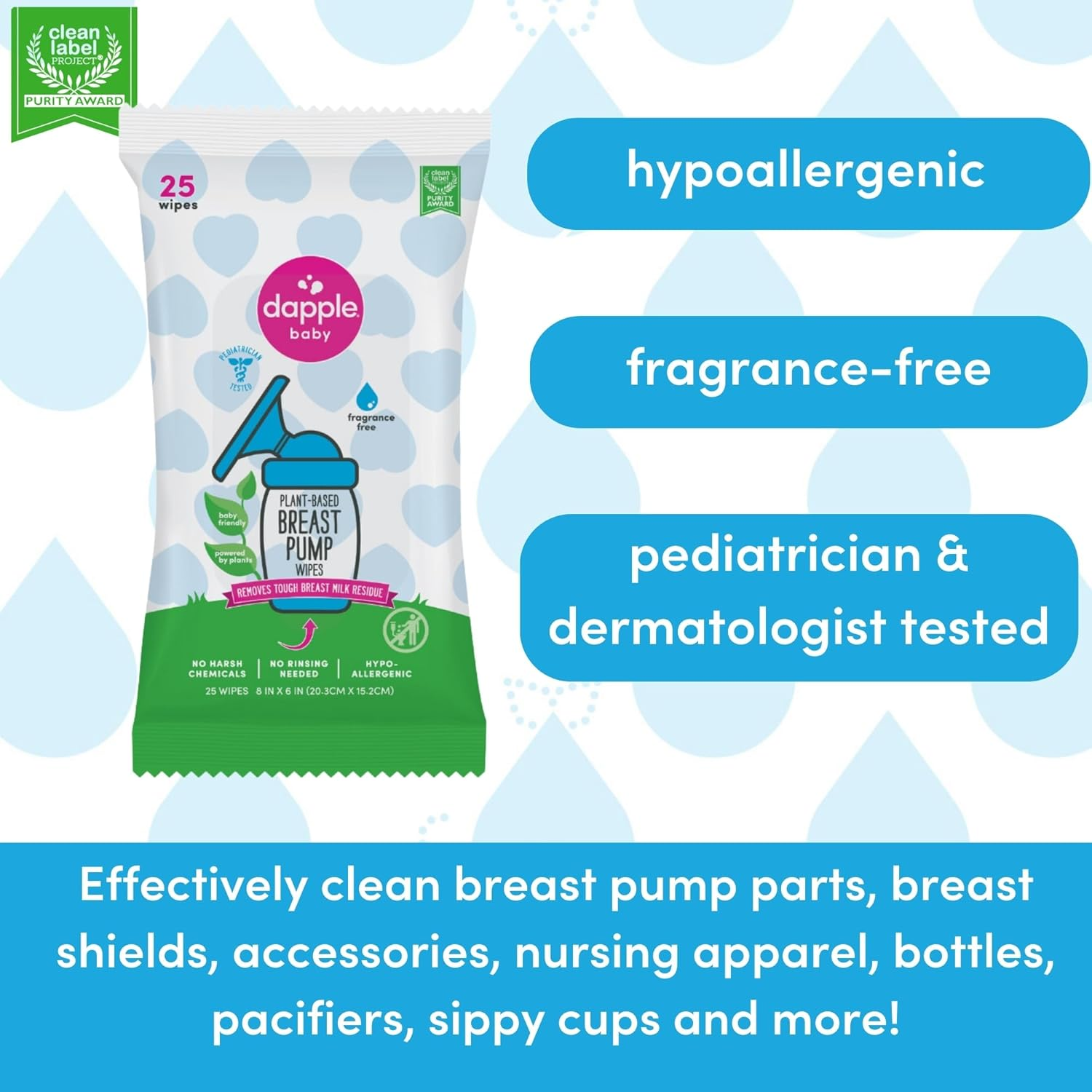 Dapple Baby Breast Pump Cleaner Wipes, Fragrance Free, 25 Count (Pack of 3) - Travel Breast Pump Cleaning Wipes Made in the USA image number 1