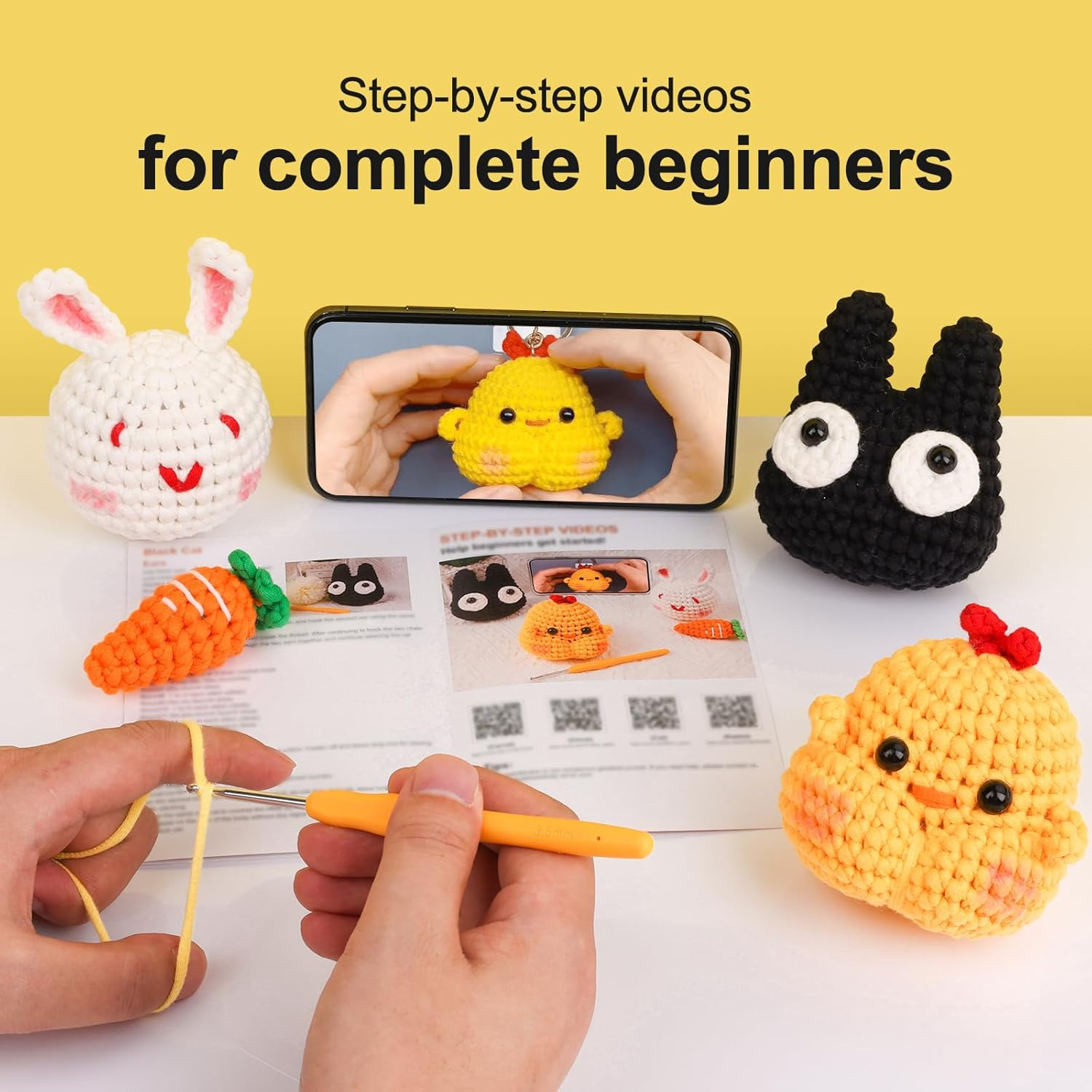 XSEINO Crochet Kit for Beginners,Crochet Start Kit with Step-By-Step Video Tutorials,Learn to Crochet Kit for Adults and Kids - Cat,Chick,Rabbit,Carrot image number 1