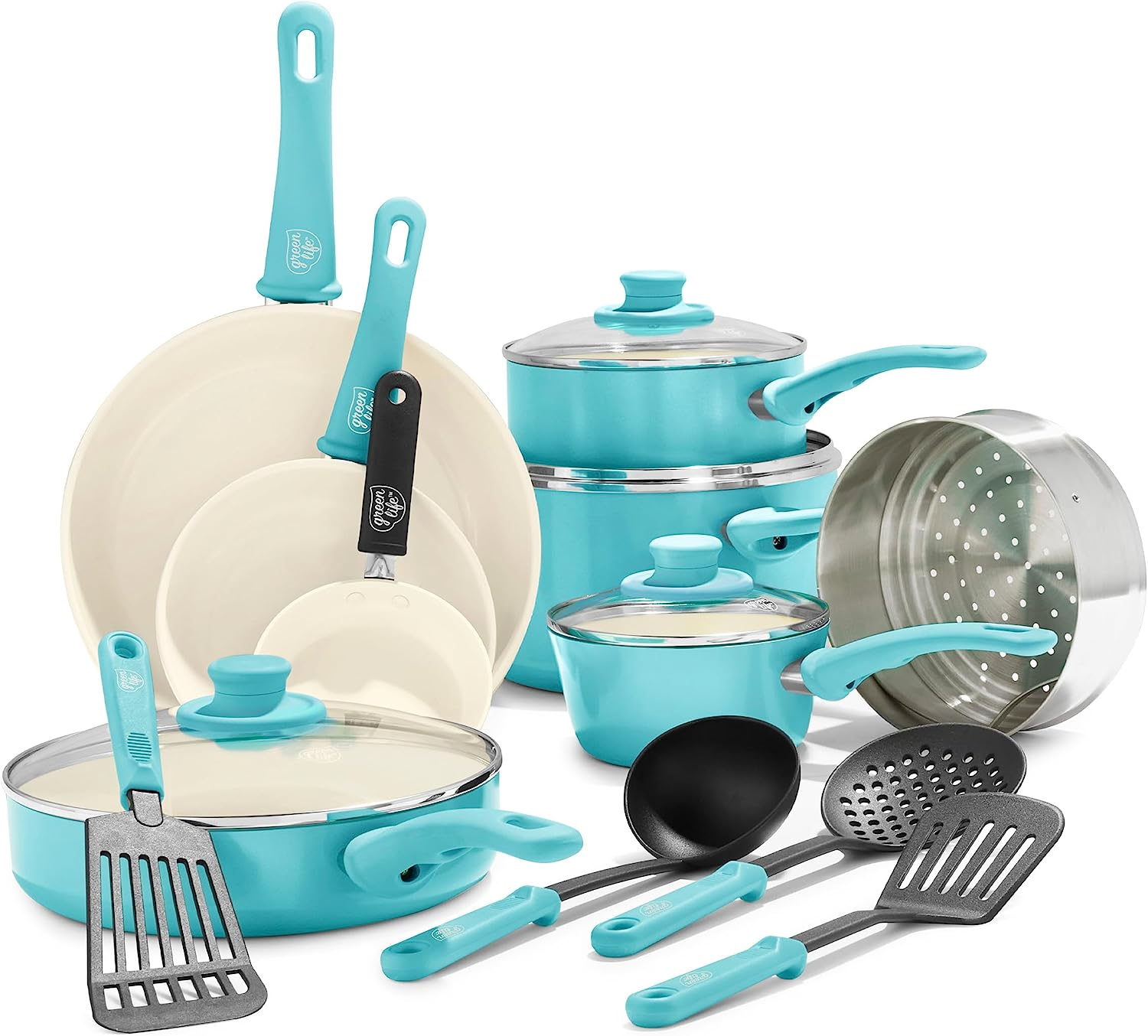 Greenlife Soft Grip Healthy Ceramic Nonstick, 16 Piece Cookware Pots and Pans Set, Pfas-Free, Dishwasher Safe, Bright Pink