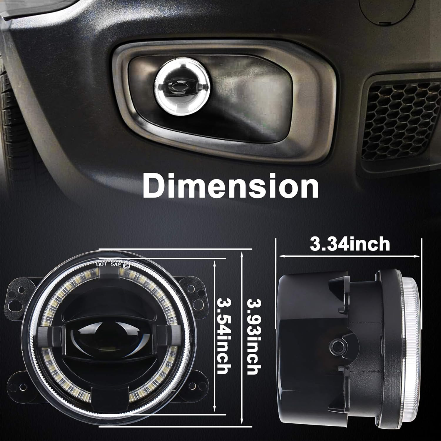 OVOTOR 4Inch LED Fog Lights 20W Fog Lamps with White Halo DRL Front Bumper Driving Fog Lights Compatible with Jeep Wrangler JK Dodge Chrysler image number 4