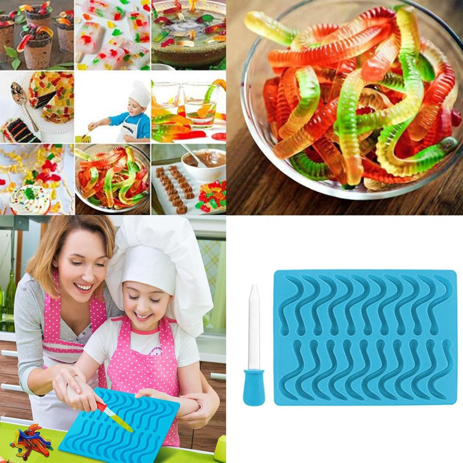Sky Blue Silicone Gummy Mold - Dishwasher-Safe, Non-Toxic Food Grade (-40℃-230℃) for Kids Vitamin Candy, Fishing Lures Jelly Snakes Worms, Oven/Freezer