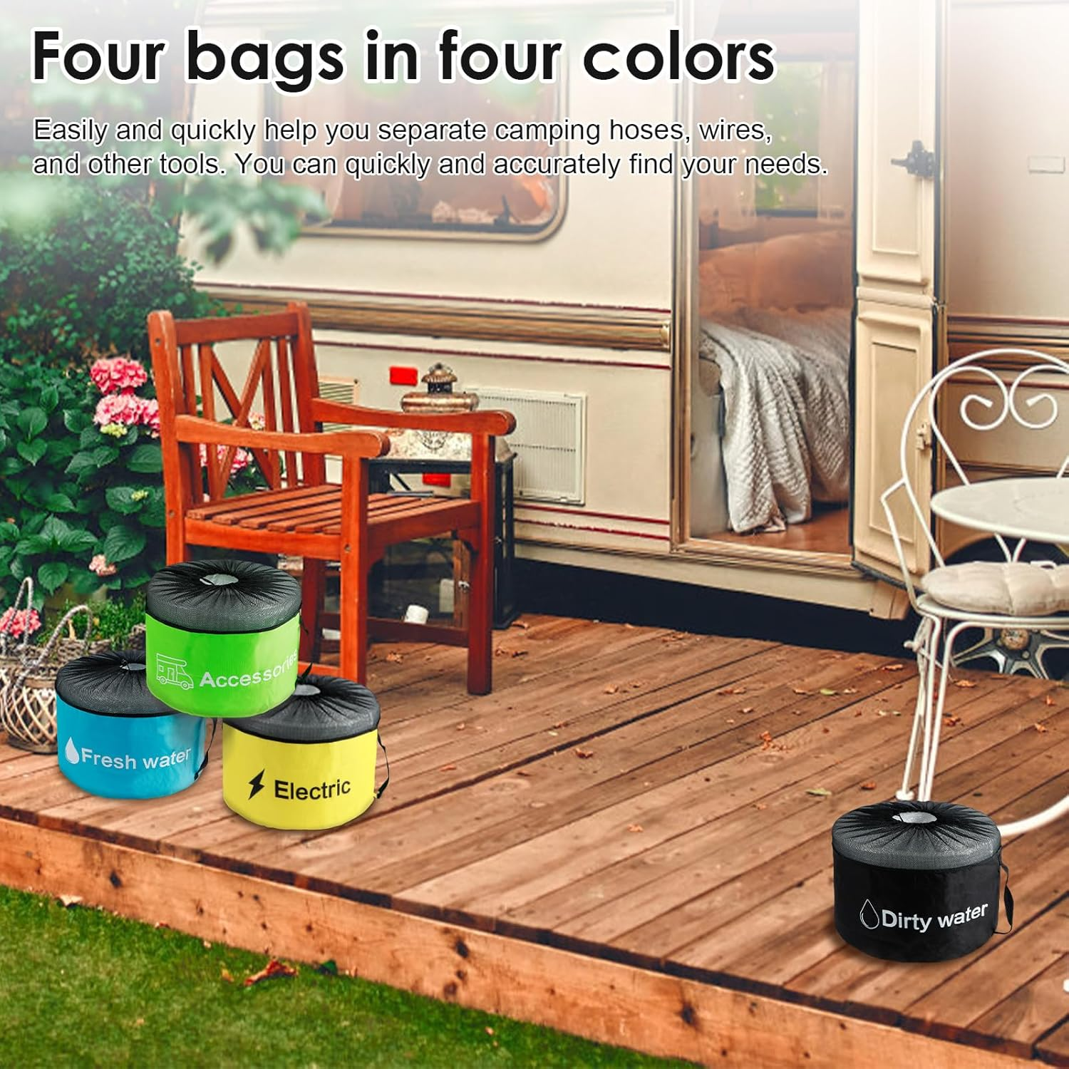 US 3/4Pcs RV Hose Storage Bags with Mesh Top Waterproof RV Utility Bag Multifunctional RV Accessories Storage Bags with Straps Large Sewer Hose Bag for Fresh/Black Water Hoses Electrical Cords image number 6