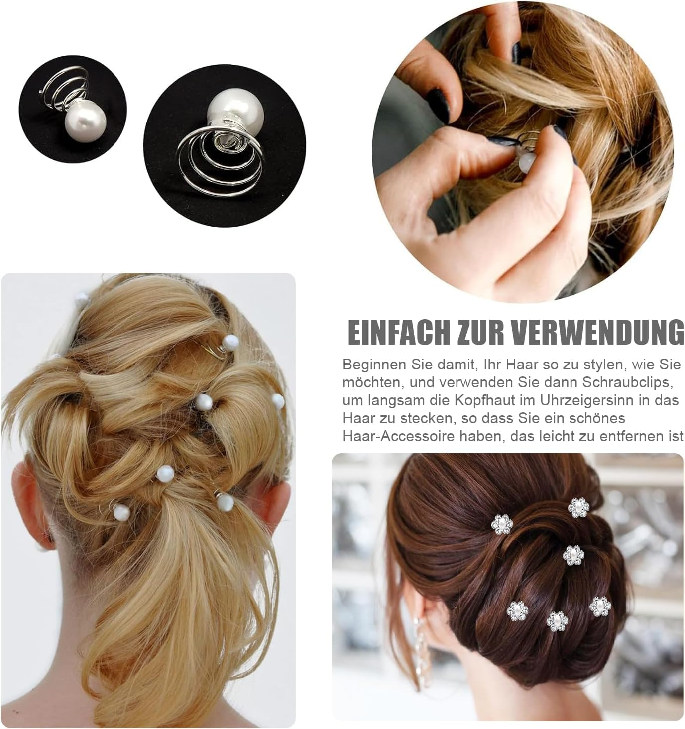 Esshogo Pack of 24 Bridal Hair Pins, Spiral Hair Pins, Hair Rhinestone Pearl Hair Pin Diamond Pearl Flower Jewels Accessories Spiral Wedding Hair Clip for Women, Girls, Wedding, Bridal Shower (2 image number 2