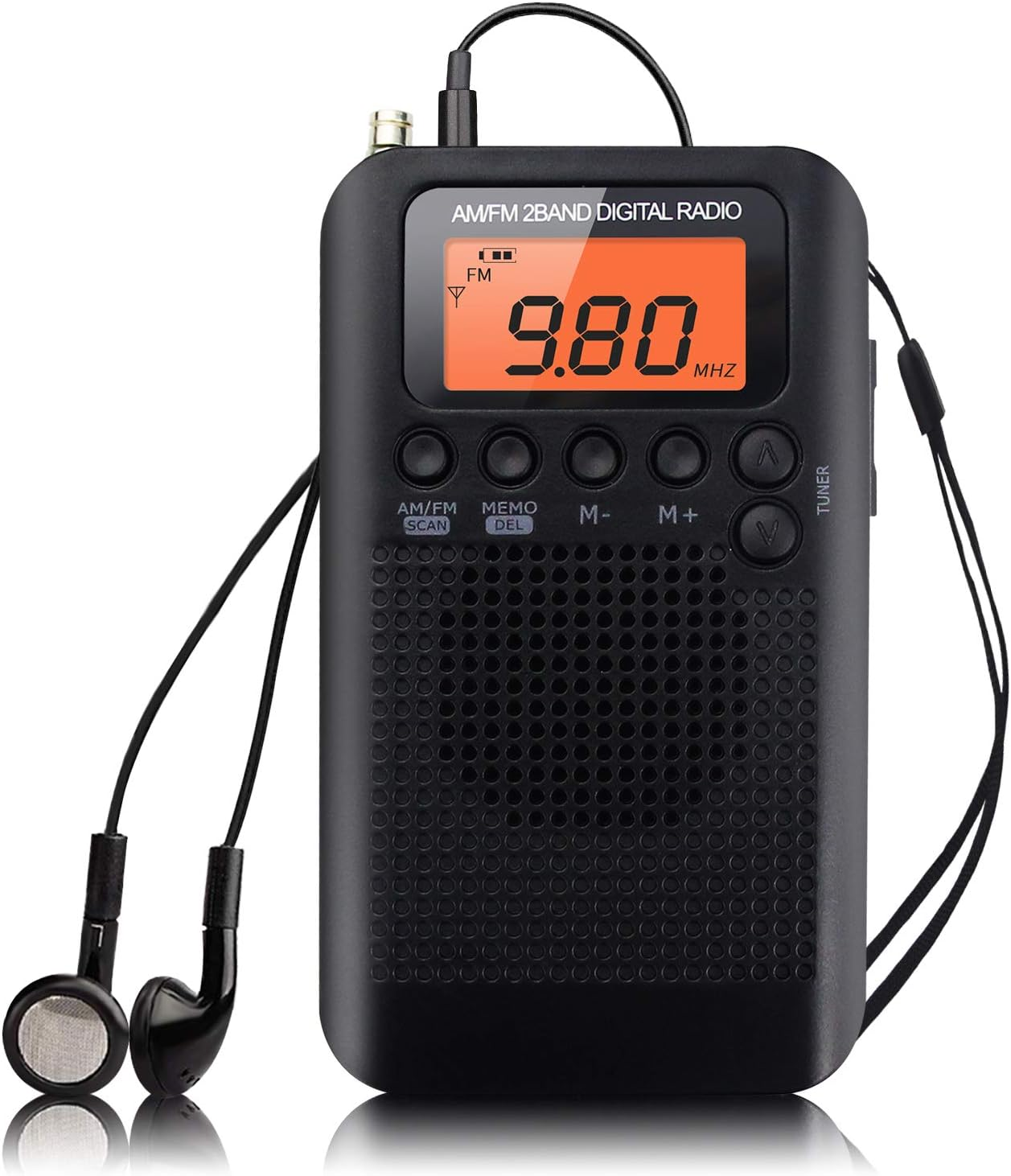 Pocket Portable AM FM Radio Mini Radio Digital Tuning Stereo Personal Radio with Earphone, Alarm Clock and Timer for Walking Running Jogging (Black)