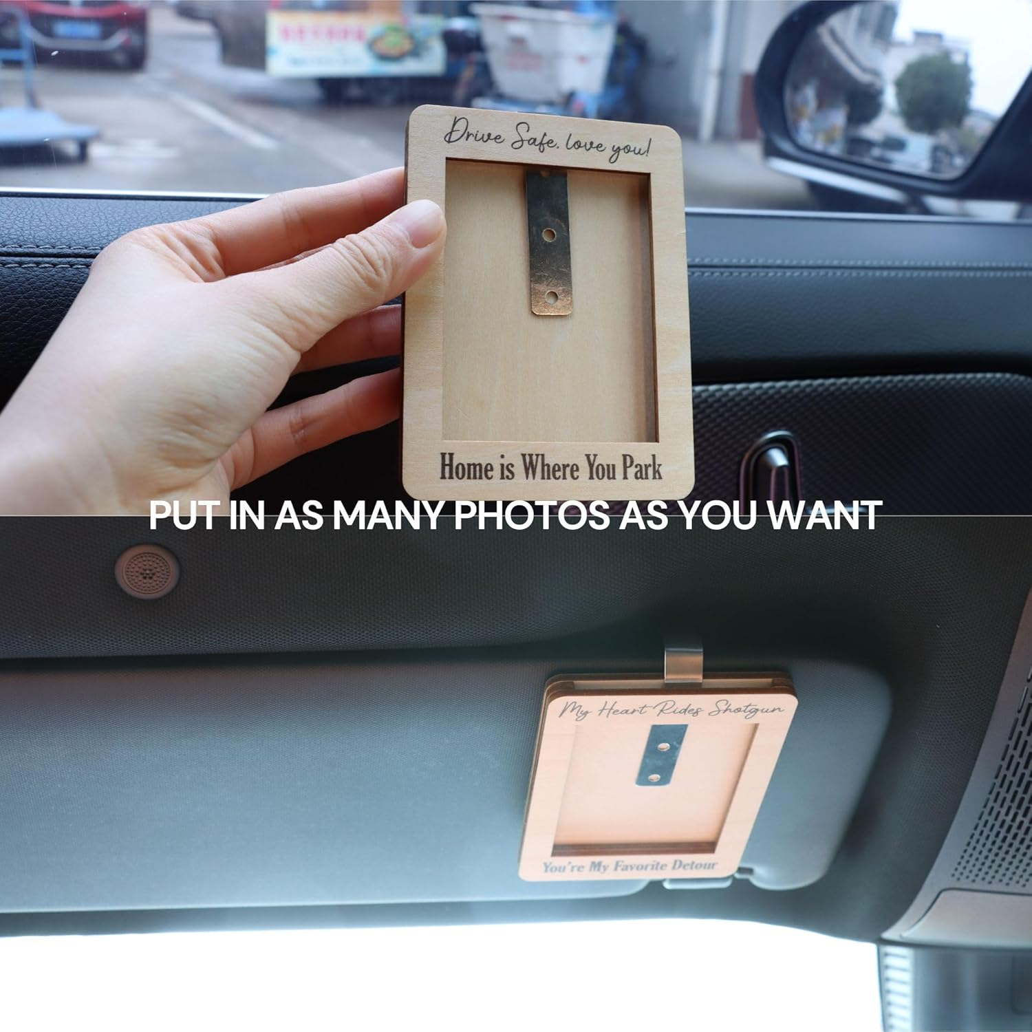 MOTOFITOOL Car Visor Picture Frame, My Heart Rides Shotgun Photo Holder, Drive Safe I Love You Clip, Personalized Car Accessory, Wooden Keepsake image number 4