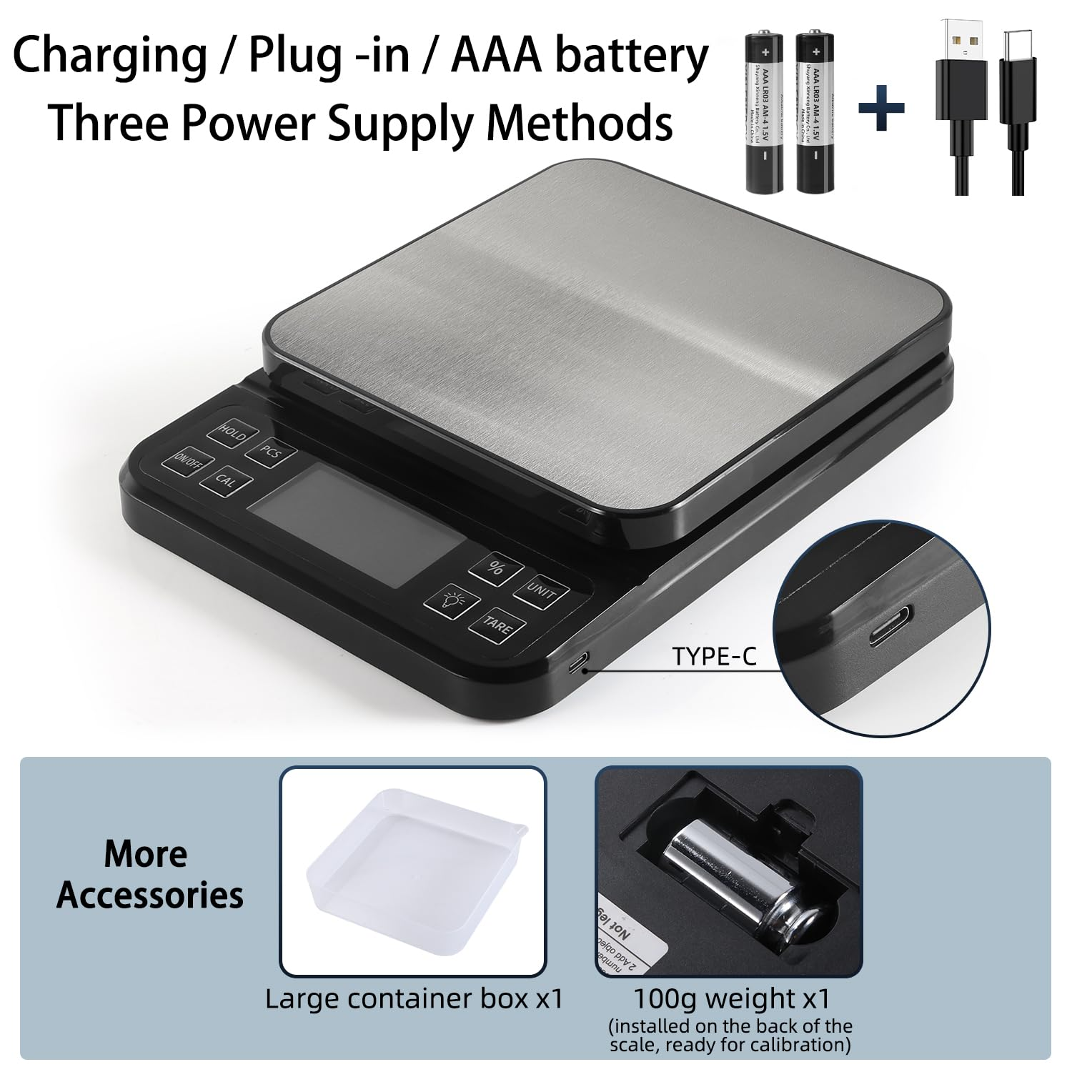 BOMATA Large Kitchen Scale with 0.1G/0.001Oz High Precision, Bakery Scale With% Percentage Function, Capacity 5Kg/11Lbs, USB Rechargeable, Full-View Angle LCD with Backlight, Stainless Steel Pan