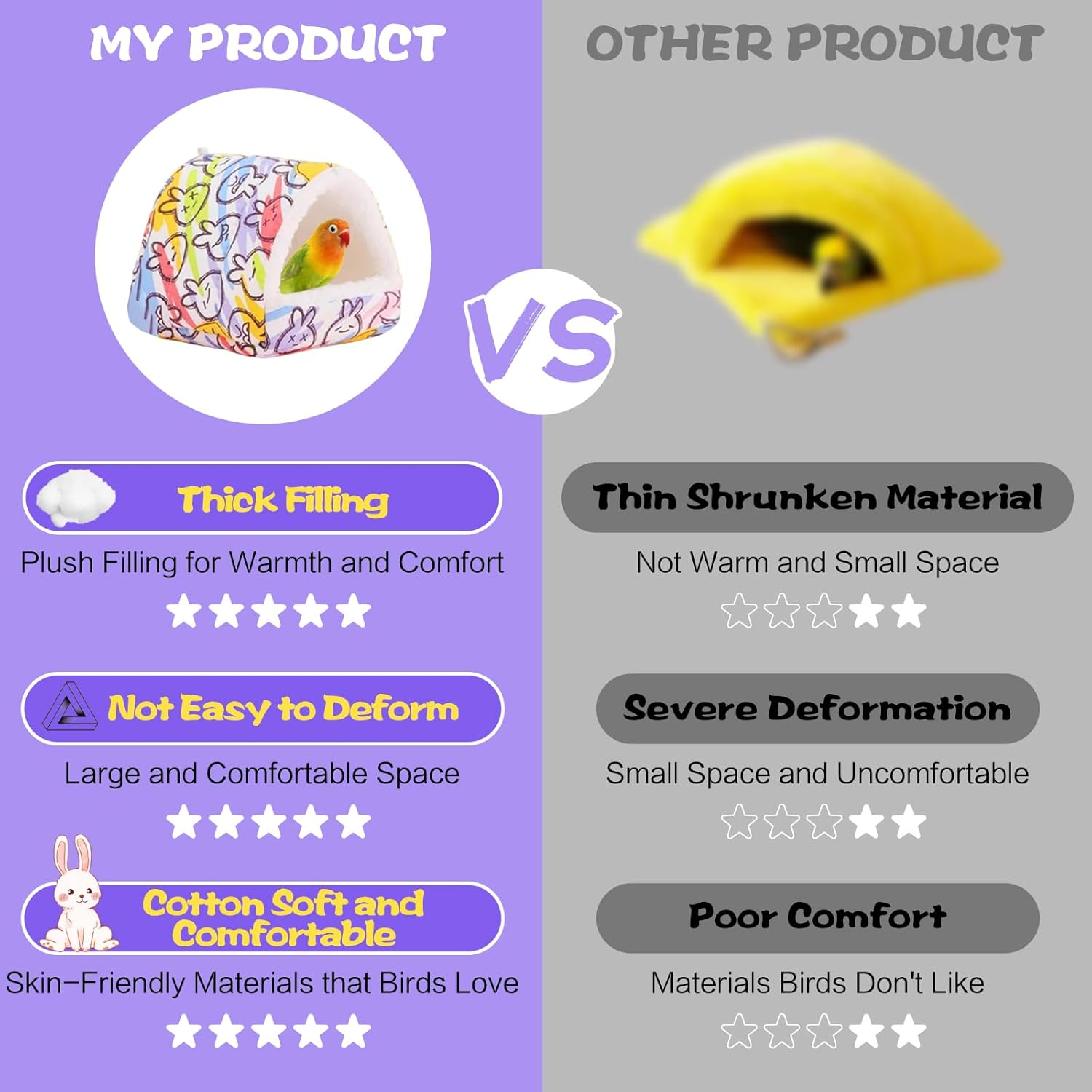 Plush Warm Bird Nest for Birds Cage Accessories,Skin Friendly Samll Animal House Hanging Hammock for Parrot Toy,Snuggle Bed House for Conures,Parakeet,African Grey,Budgies(Color Rabbit, S/Size) image number 3