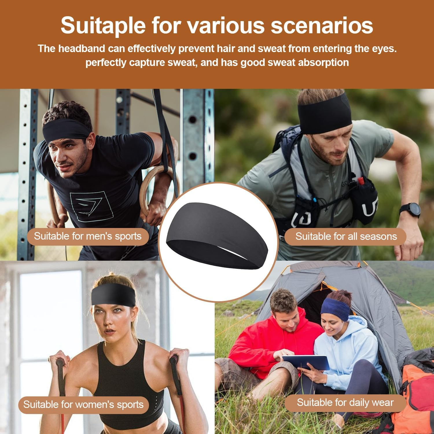 Headbands,T Tersely Yoga Sports Headband, Non-Slip & Lightweight Mens Sweat Band, Womens Elastic Athletic Hair Band for Men,Working Out Sweatband image number 6