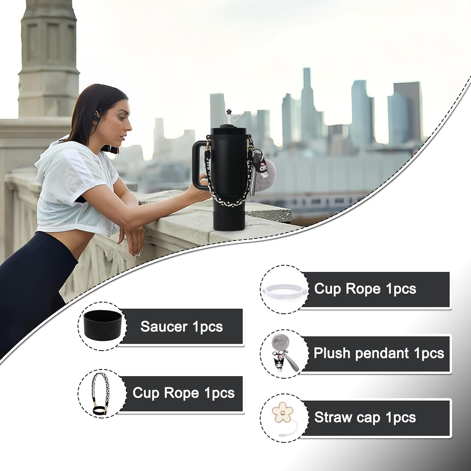 Stanley Cup Accessories Set, Cartoon Cute Kawaii Pom Pom Design Water Bottle Handle Strap, Silicone Stanley Cup Boot, Stanley Charms for Stanley Cup 30/40Oz Tumble