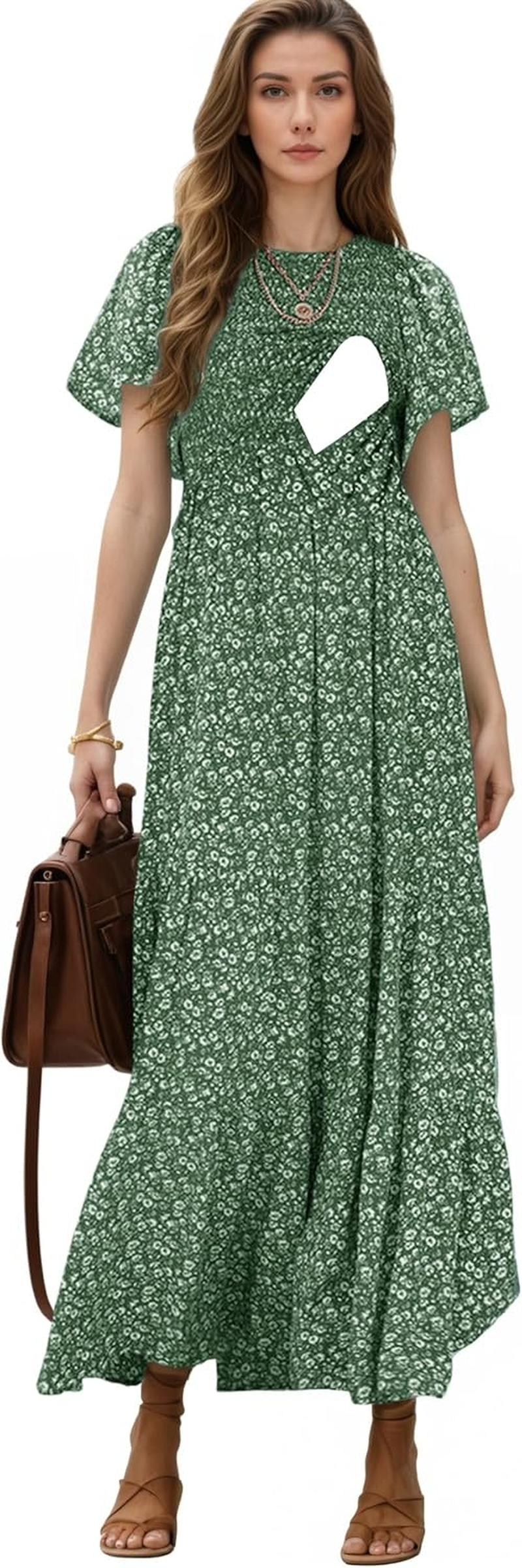 Womens Nursing Dress Summer Floral Print Short Flutter Sleeve Crew Neck Smocked High Waist Flowy Maxi with Pockets