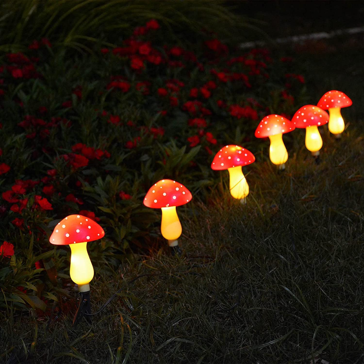 New Upgraded Waterproof Solar Mushroom Lights Outdoor Decor, 8 Modes for Garden Pathway Landscape Yard Easter Pathway Halloween Xmas Decorations, Set of 6 Red image number 6