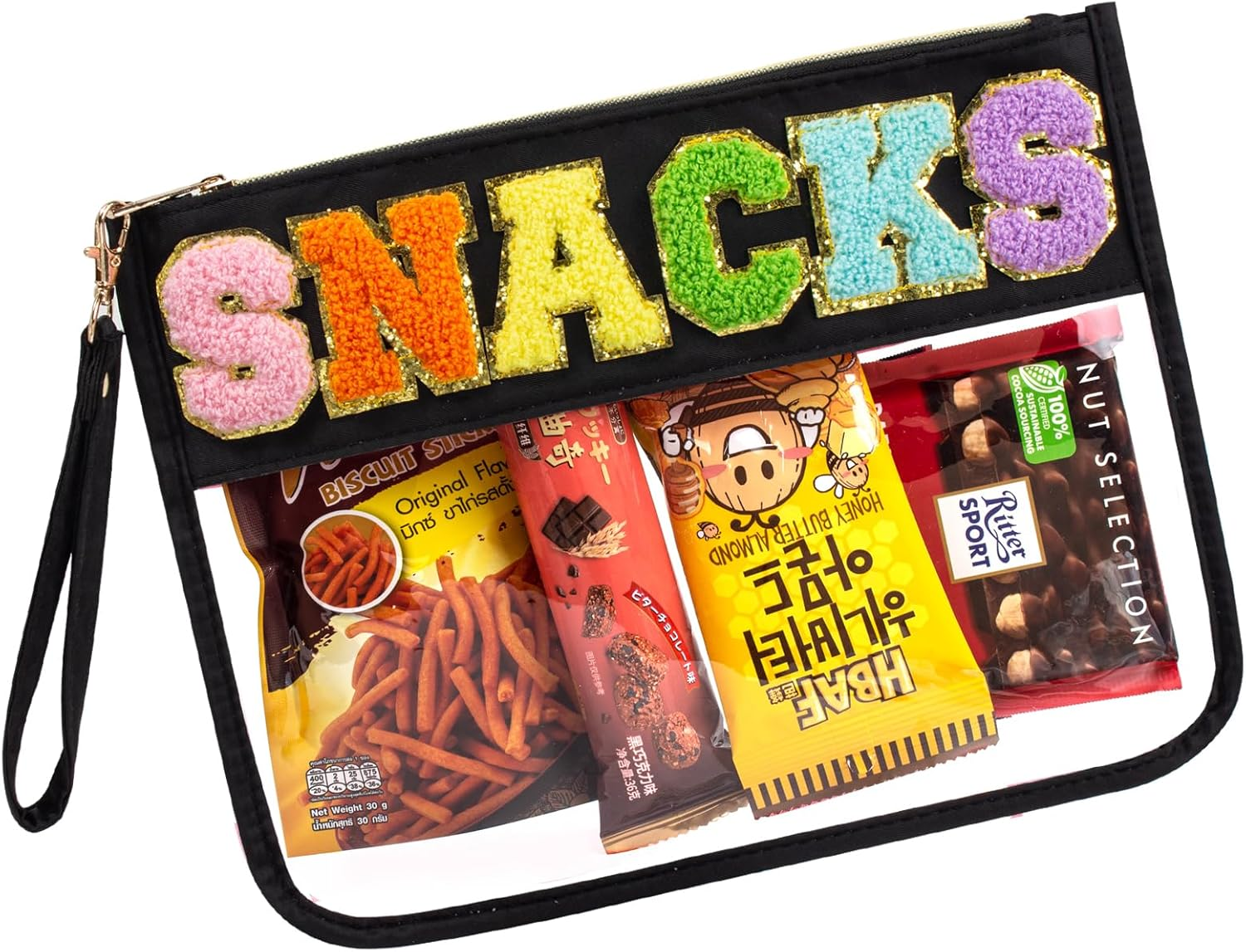 Snack Bag Clear Makeup Bag, Chenille Letter Clear Zipper Pouch Nylon Cosmetic Pouch Organizer Sunscreen Toiletry Bag Waterproof Summer Beach Organizer Travel Gifts for Women Girls (Black Snacks)