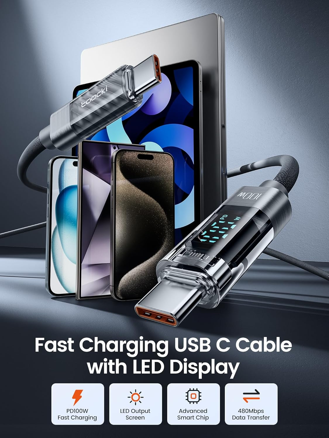 100W USB C to USB C Fast Charging Cable, 2M PD 5A Type C Cord with Intuitive Power Display & Tough Nylon Braid, Compatible with Iphone 17 16 15 Pro plus Pro Max Air Macbook Ipad Galaxy S25/S24/S23