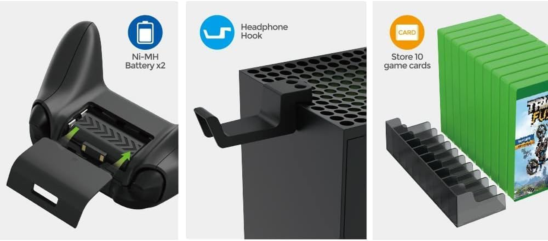 Vertical Stand Compatible with Xbox Series X Console, Dual Charging Station with 2 Rechargeable Battery for Xbox Series X Controller, with 10 Game Card Slot and Headphones Holder image number 3