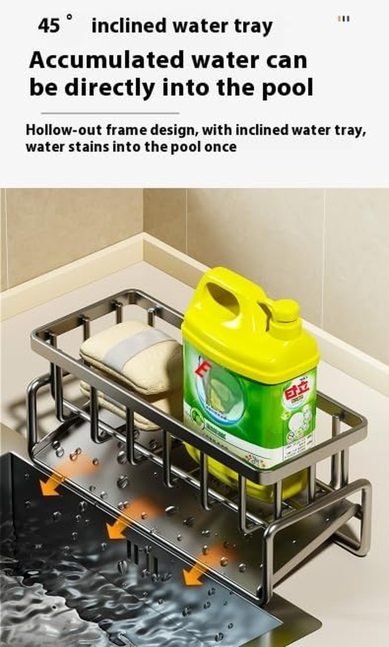 Kitchen Sink Caddy Organiser - Multifunctional Stainless Steel Rack with Self - Draining Tray, Ideal for Sponge, Dish Soap, Scrubber Brush & Dishcloth Storage, Tidy up Your Kitchen Space image number 4