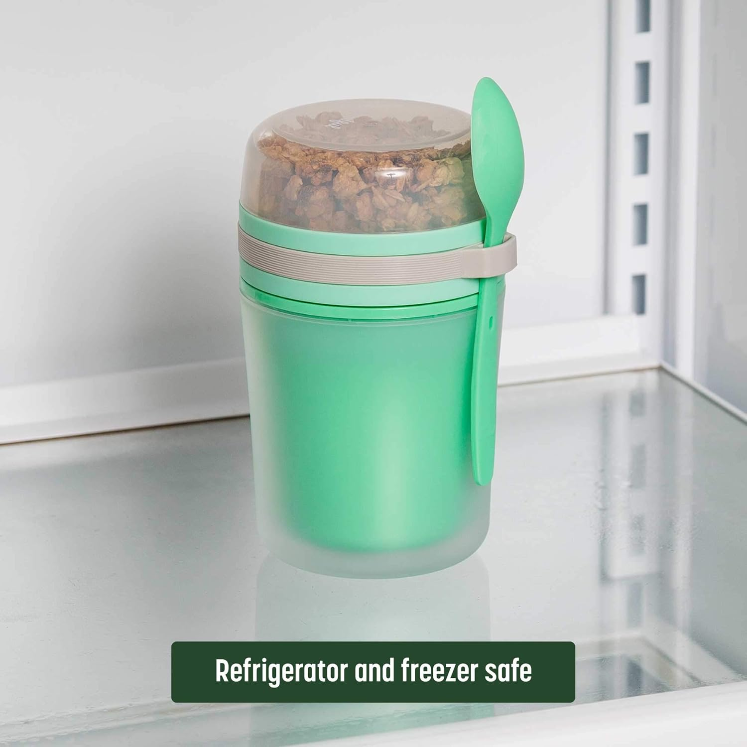 Goodful Double Wall Insulated Yogurt Container, Leak Proof Food Storage, Snack Container with Reusable Plastic Spoon, Microwave Safe, Dishwasher Safe, Freezer Safe, 14-Ounce, Green image number 1