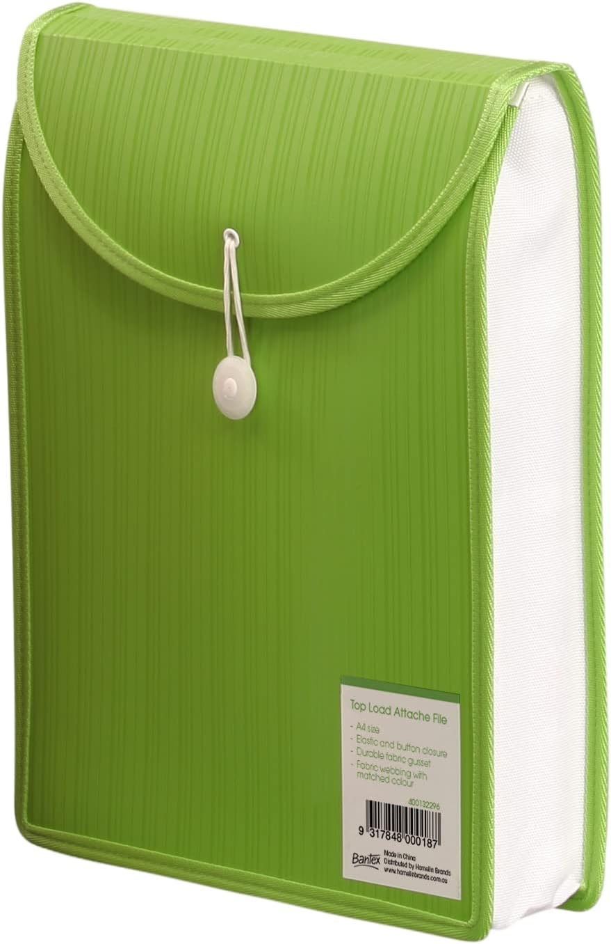 Bantex, A4 Top Load Attache File, Store up to 500 Sheets, Elastic and Button Closure, Geen - A4 (Pack Of 2) image number 1
