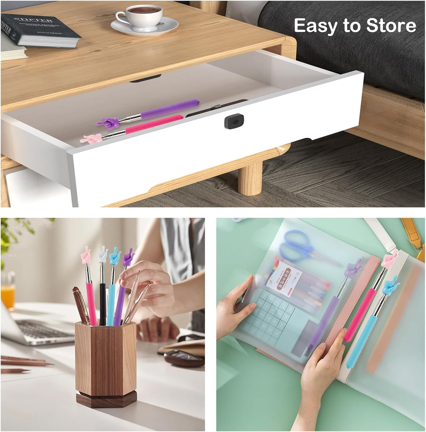 4 Pcs Telescopic Teachers Pointer for Classroom, Extendable Hand Pointer Finger Pointer Stick, Mini Retractable Pointing Stick for Elementary School Kindergarten Teacher, Black/Blue/Pink/Purple image number 5