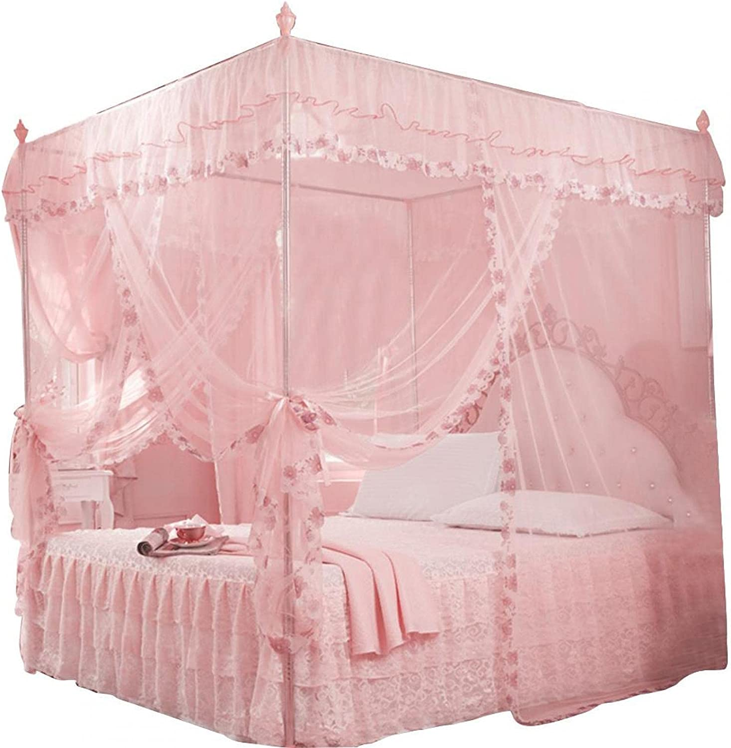 4 Corner Post Mosquito Net, Princess Bed Canopy, Breathable Bed Curtain Full Queen Size Bedroom Decoration #20 (150 * 200 * 200-Pink) - 20 image number 4