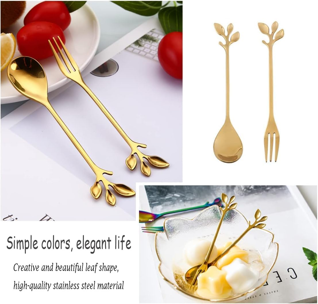 12Pcs Gold Leaf Coffee Spoon, Betterjonny Spoons and Fork Fruit Forks Stainless Steel Mini Creative Tableware for Sugar Cake Ice Cream Tea Stirring Tea image number 2