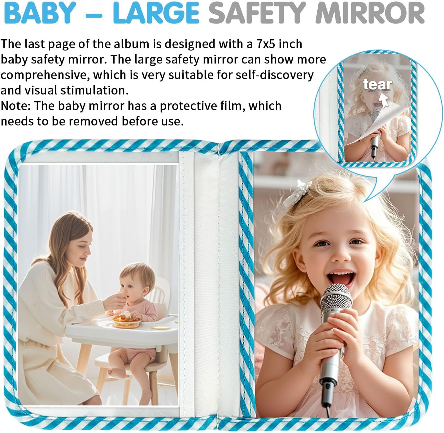 BOHEMIABY Baby Photo Album, My First Soft Photo Book Accommodates 4X6 Photos, Photo Albums with Milestones, Safety Mirror First Birthday (Blue Palms) - White Sunflowers image number 6