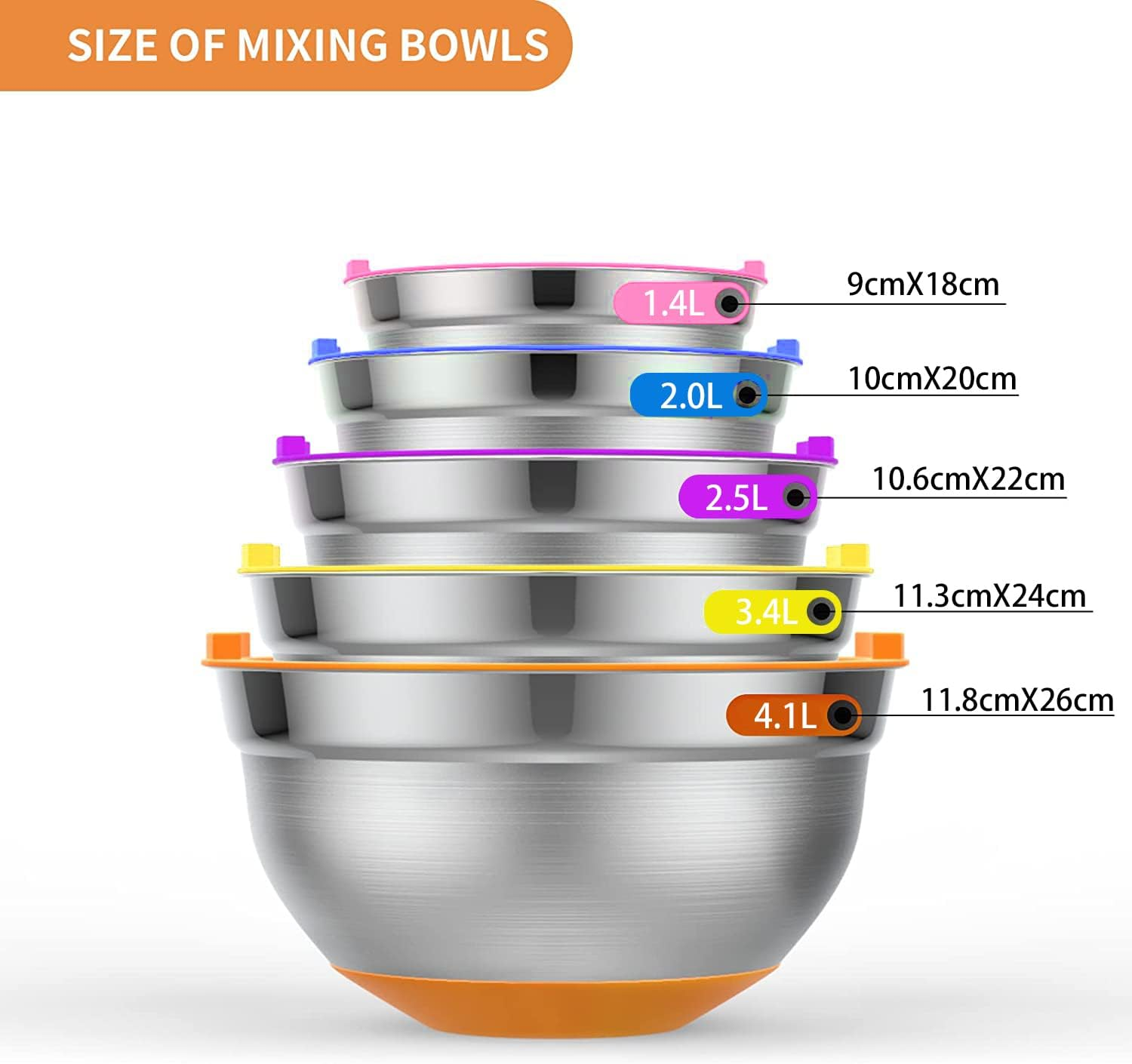 Mixing Bowls with Airtight Lids, 5-PCS Stainless Steel Bowls Set, Non-Slip Bottoms, Size 1.23/1.76/2.2/3/3.6QT, Great for Mixing, Baking and Serving image number 4
