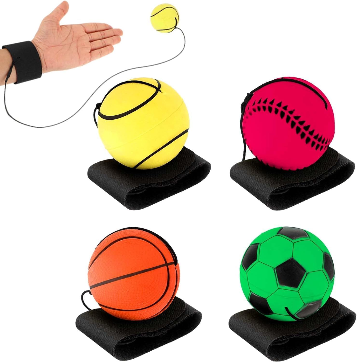 4-Piece Wrist Rebound Ball Set - 2-Inch Rubber Sports Ball for Basketball, Baseball, Football - Wrist Exercise or Play image number 6