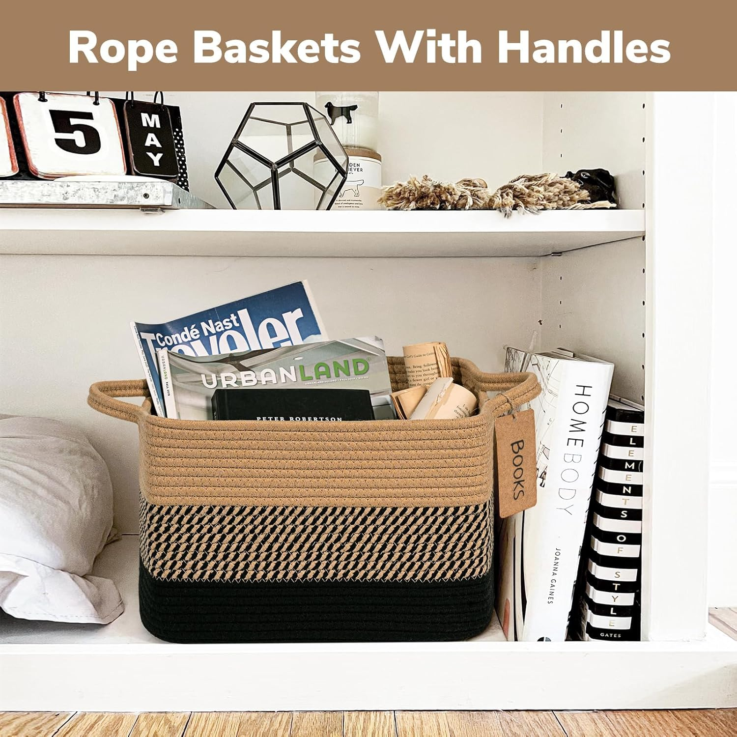 Storage Basket, Woven Baskets for Shelves, Cotton Rope Basket for Toys, Towel Baskets for Bedroom, 33 X 25 X 23Cm, 3 Pack, Black Jute image number 4