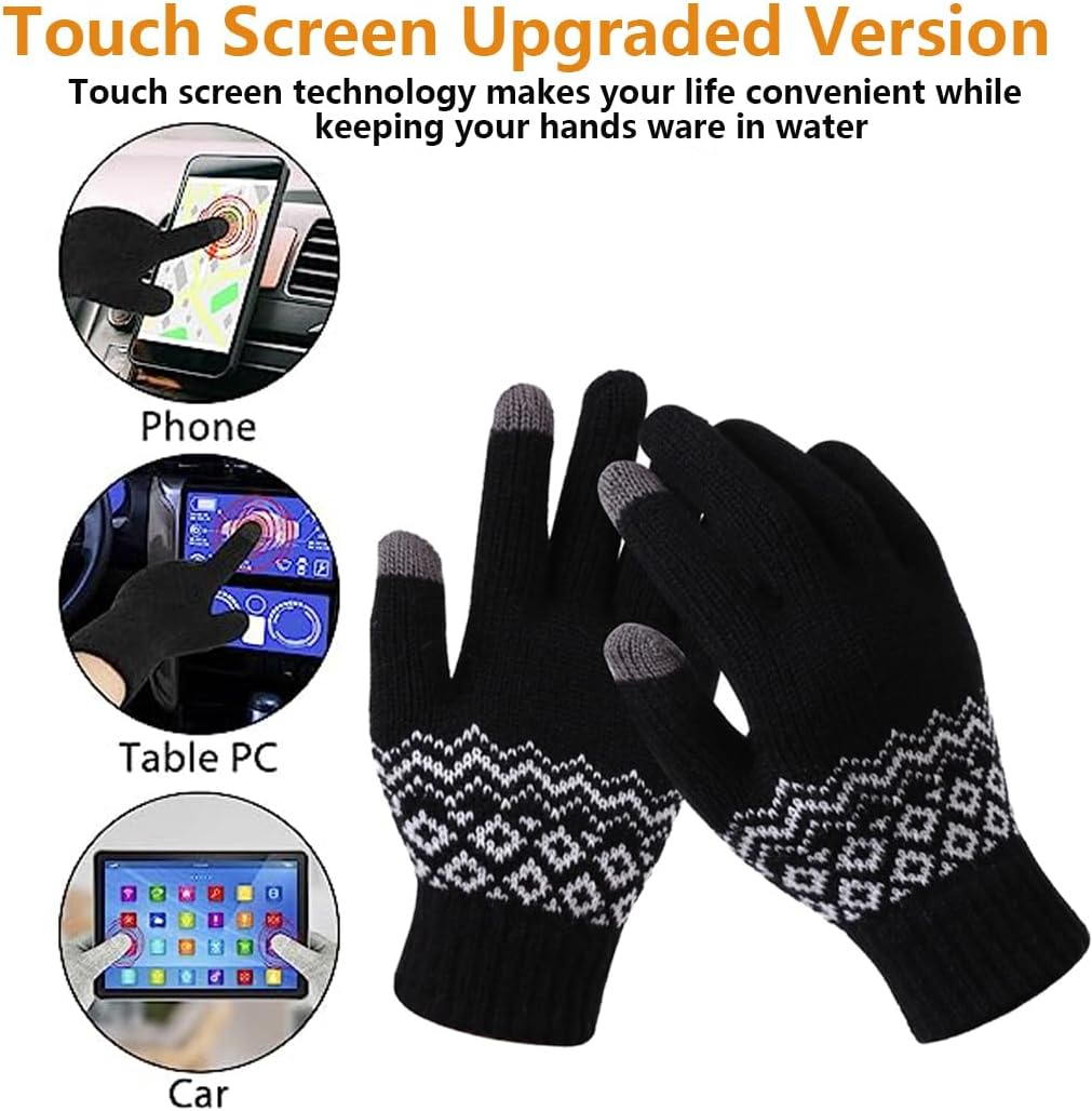 2 Pairs Winter Gloves with Touchscreen Fingers, Thermal Warm Knit Soft Fleece Lined Glove Women Men Elastic Cuff Glove for Running Driving Hiking - Black Grey image number 2