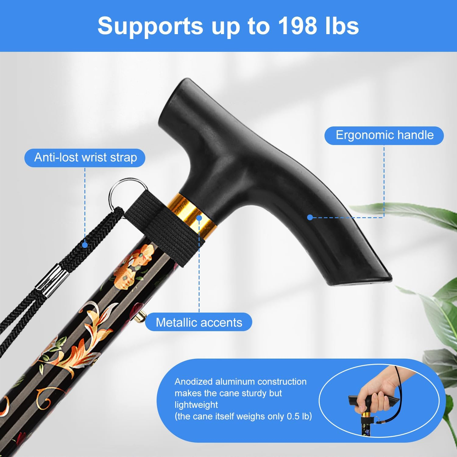 Supregear Walking Stick - Adjustable Folding Walking Sticks for Women and Men - Lightweight Portable Collapsible Balancing Aid - Travel Cane for Ladies Elderly Adults, Black Floral