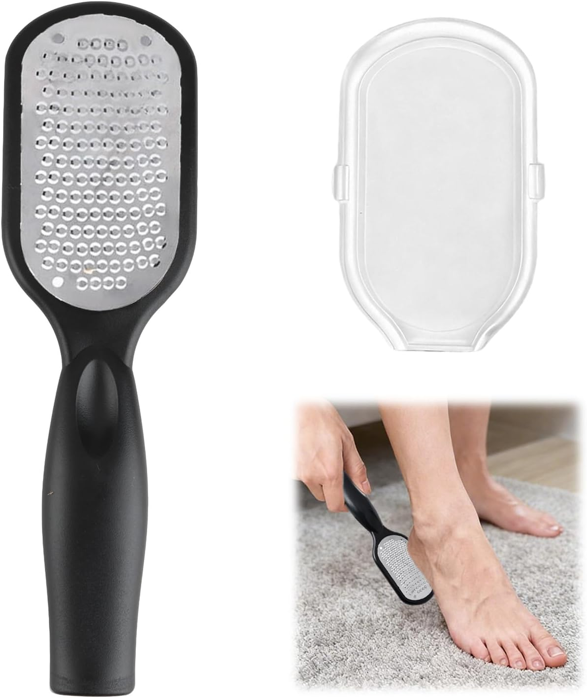 Stainless Steel Foot File and Callus Remover - Comes with Storage Box for Hard Skin Removal on Cracked Heels, Wet & Dry Pedicure Use - Black