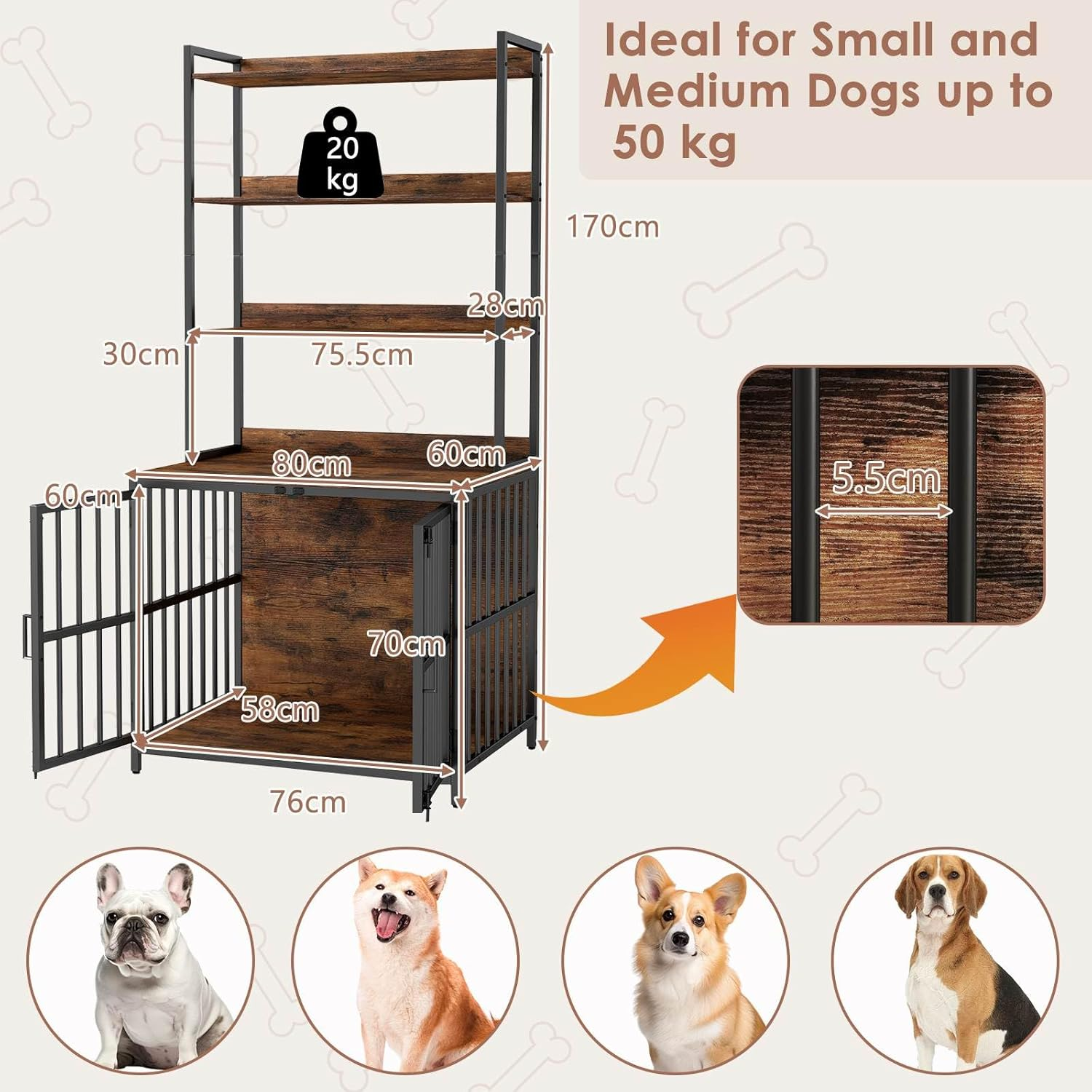 Costway Dog Crate Furniture W/Storage Shelves, Double Doors, Wooden Dog Kennel Table for Small & Medium Dogs, Heavy-Duty Chew-Resistant Wood Metal Dog Cage, Indoor Pet Furniture Dog House image number 6