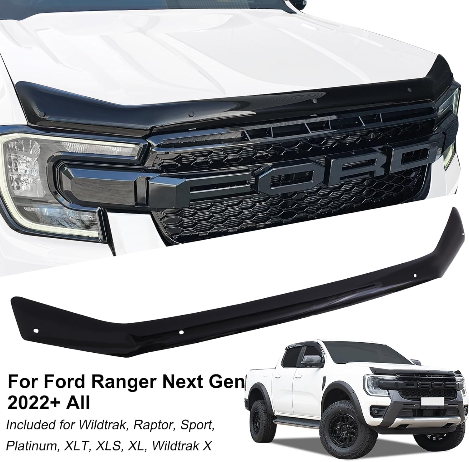 SUERAUTO4X4 Tinted Black Bonnet Protector for Ford Ranger Accessories Next Gen 2022 2023 2024 2025 All, Injection Front Bonnet Stone Protector Guard Trim Car Exterior image number 4